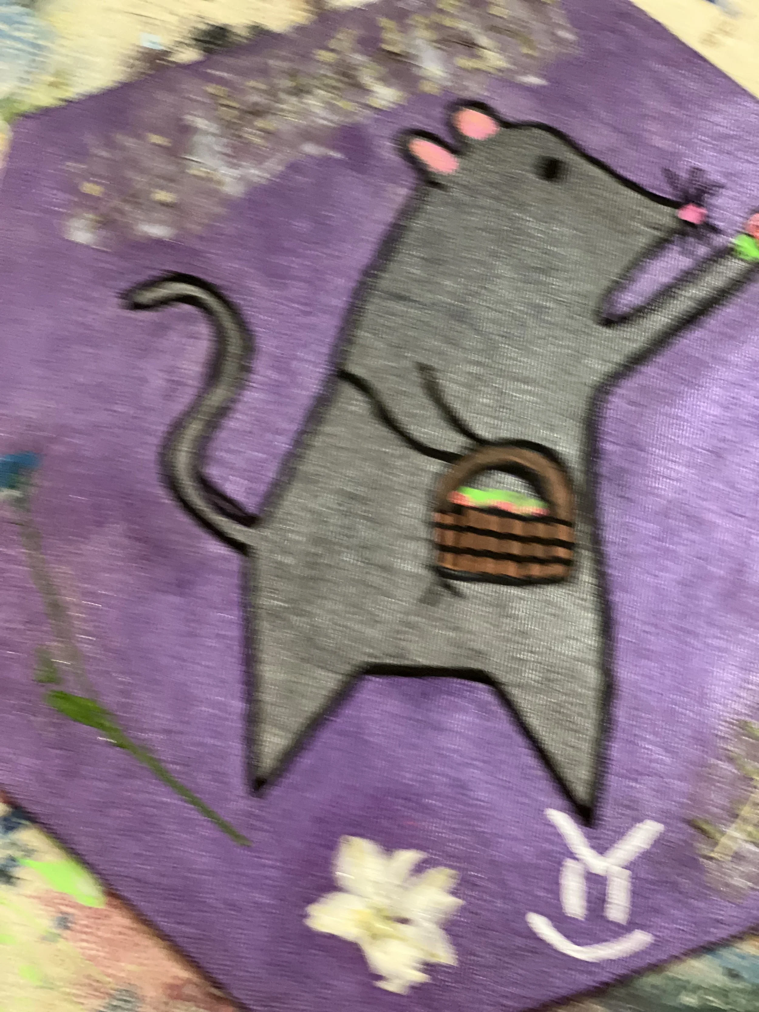 Patch featuring a gray cat with a brown striped basket on its back, set against a purple background with white floral designs.