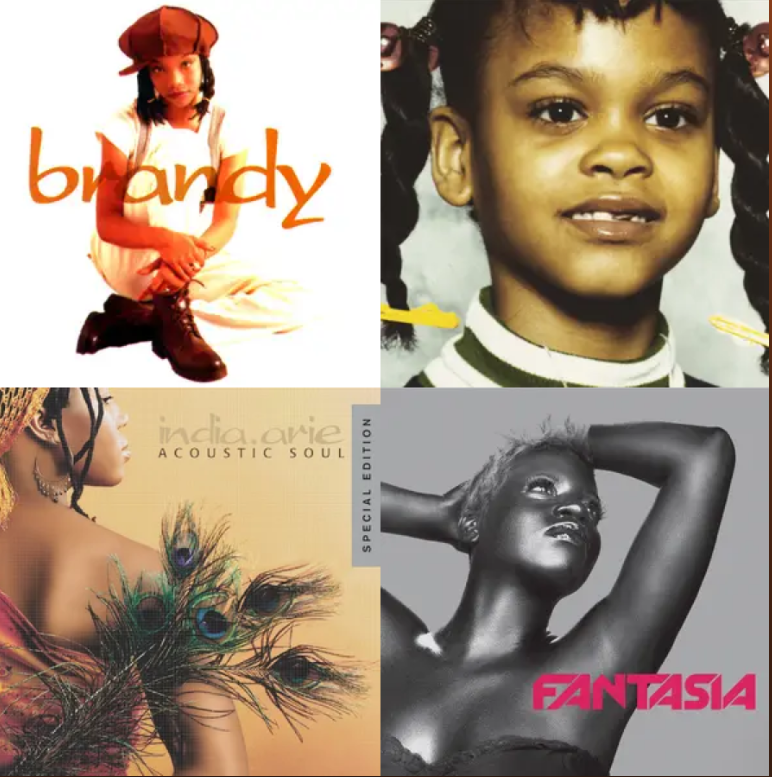 A collage of four album covers featuring diverse women: one with a girl in a brown hat and boots, another with a young girl with pigtails, one with a woman with peacock feathers, and a black-and-white portrait of a woman with her arm over her head.