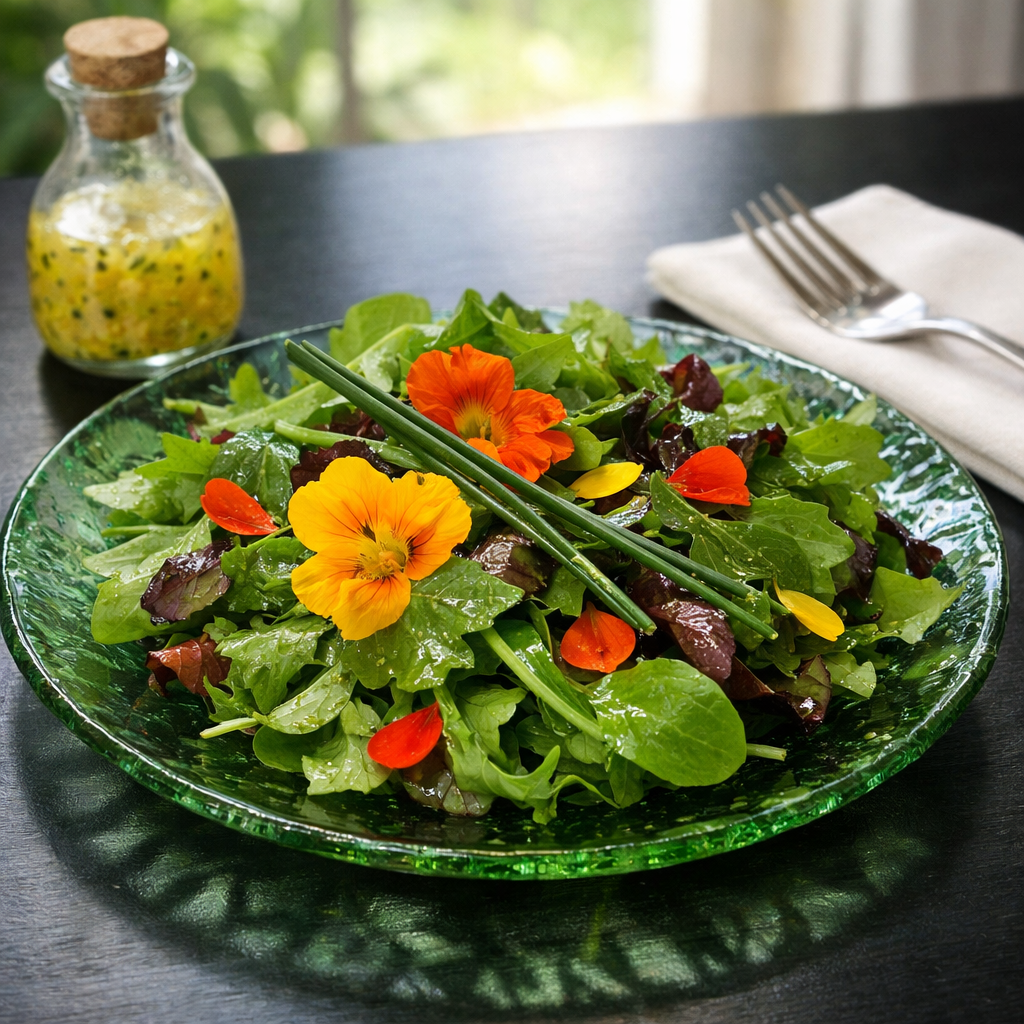 Spring Greens Salad with Champagne Vinaigrette and Nasturtiums