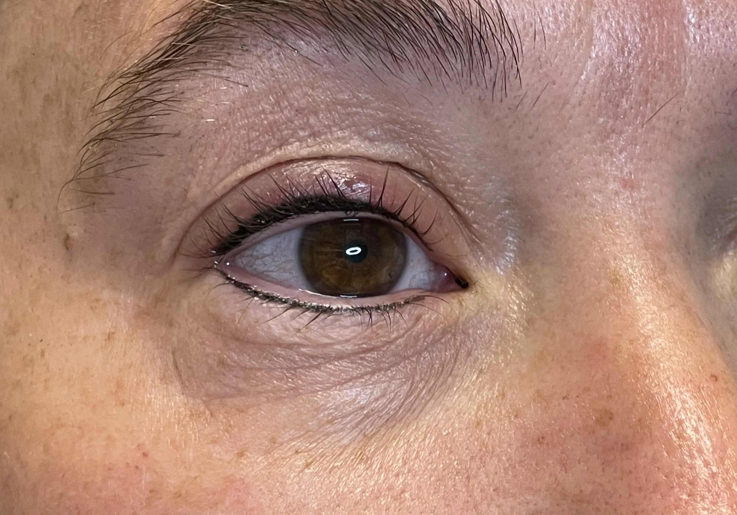 Close-up of a person's brown eye, eyebrow, and surrounding skin, with visible eyelashes and skin texture.