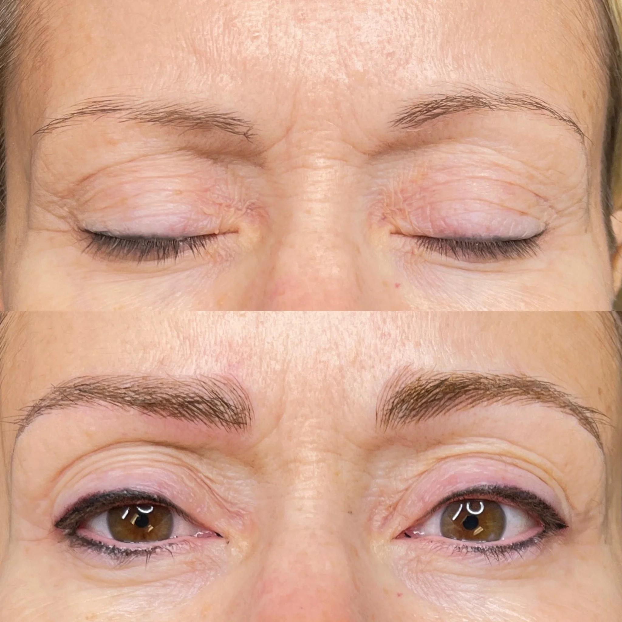 Close-up of a person's face with closed eyes, showing their eyebrows, eyelids, and upper cheeks, with visible skin texture.