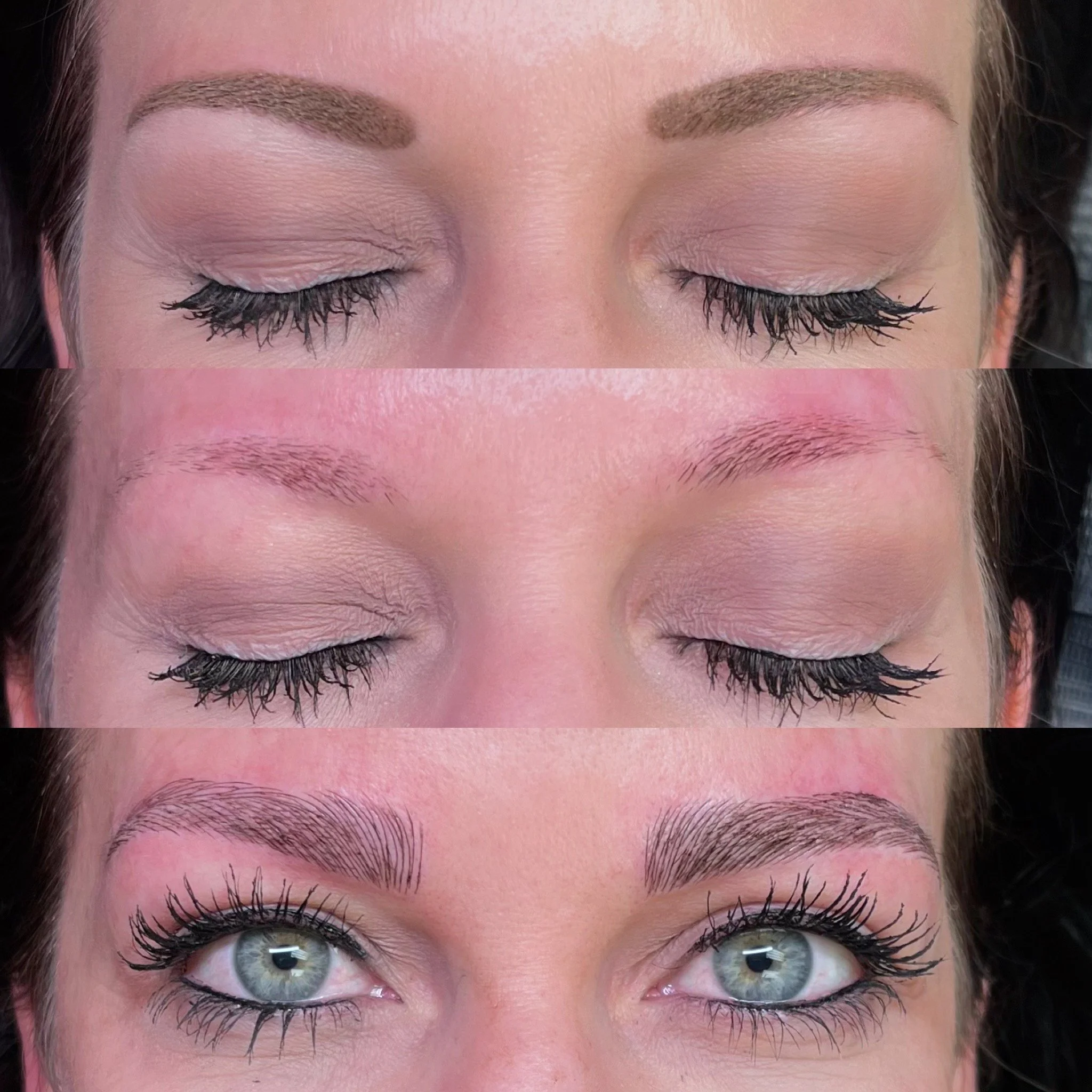 Close-up of a woman's face with her eyes closed, showcasing her makeup including eyeliner and mascara, with her eyebrows groomed.