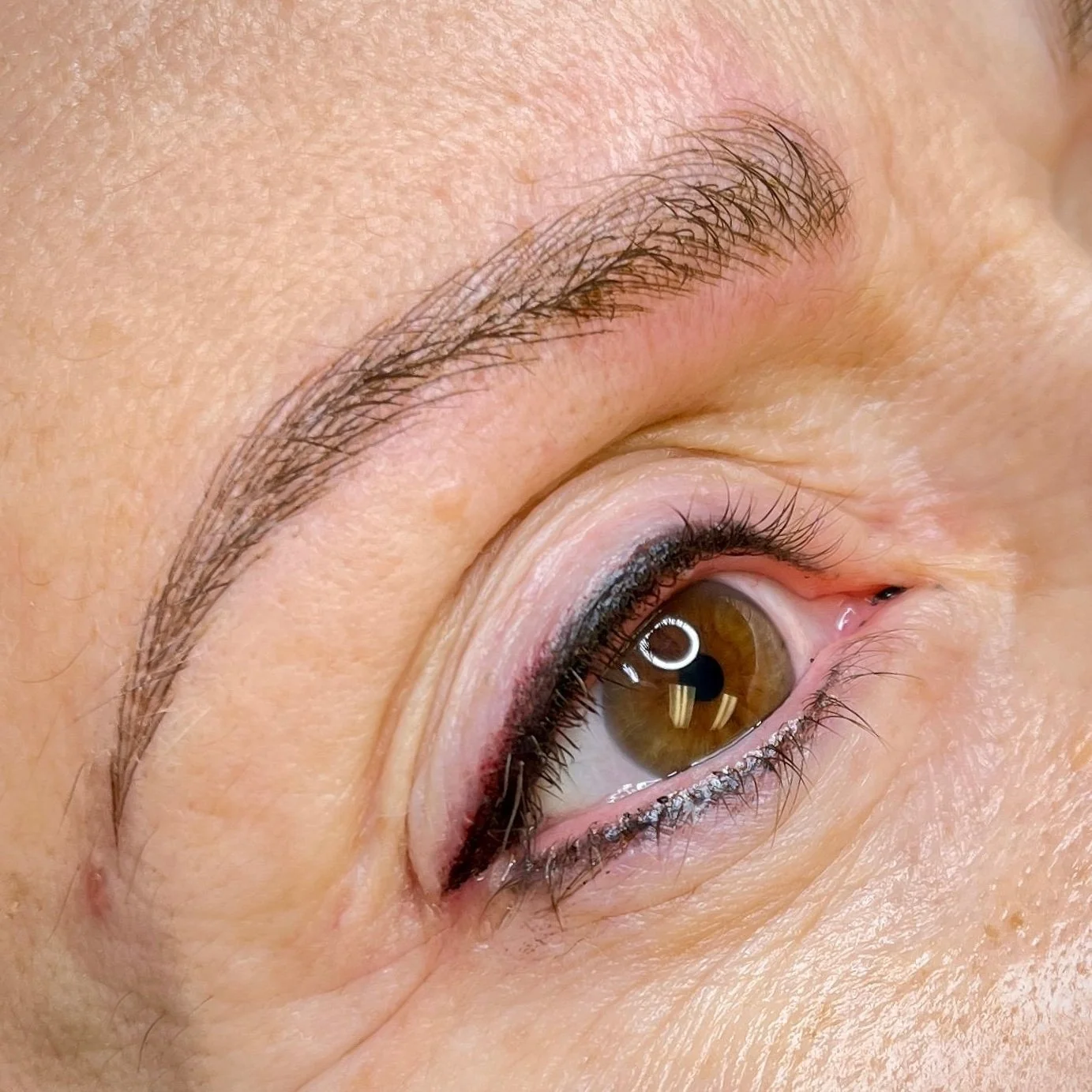 Close-up of a person's eye with brown iris, dark eyeliner, and well-groomed eyebrow.