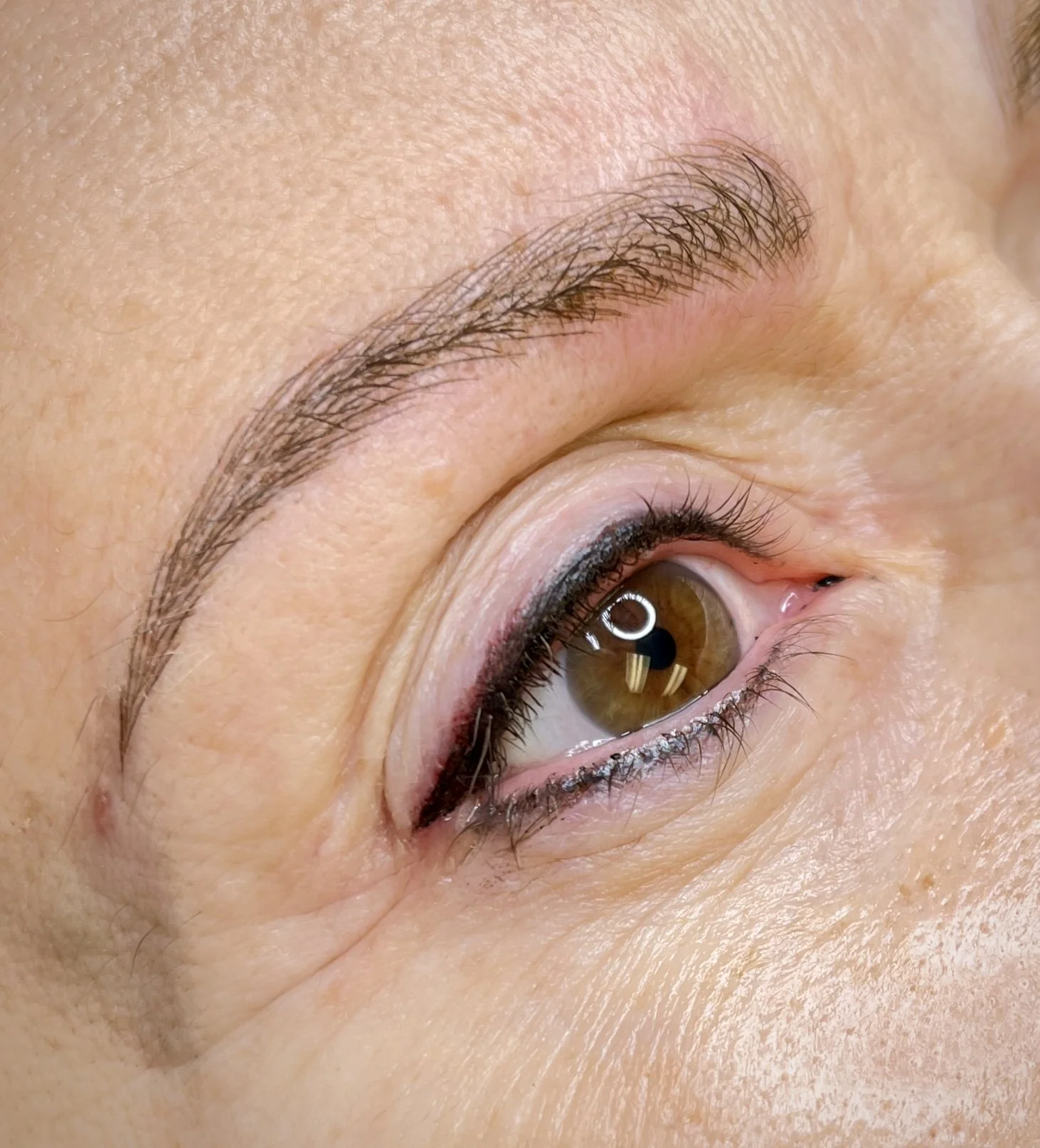 Close-up of a person's eye with well-groomed eyebrow, brown iris, and black eyeliner.