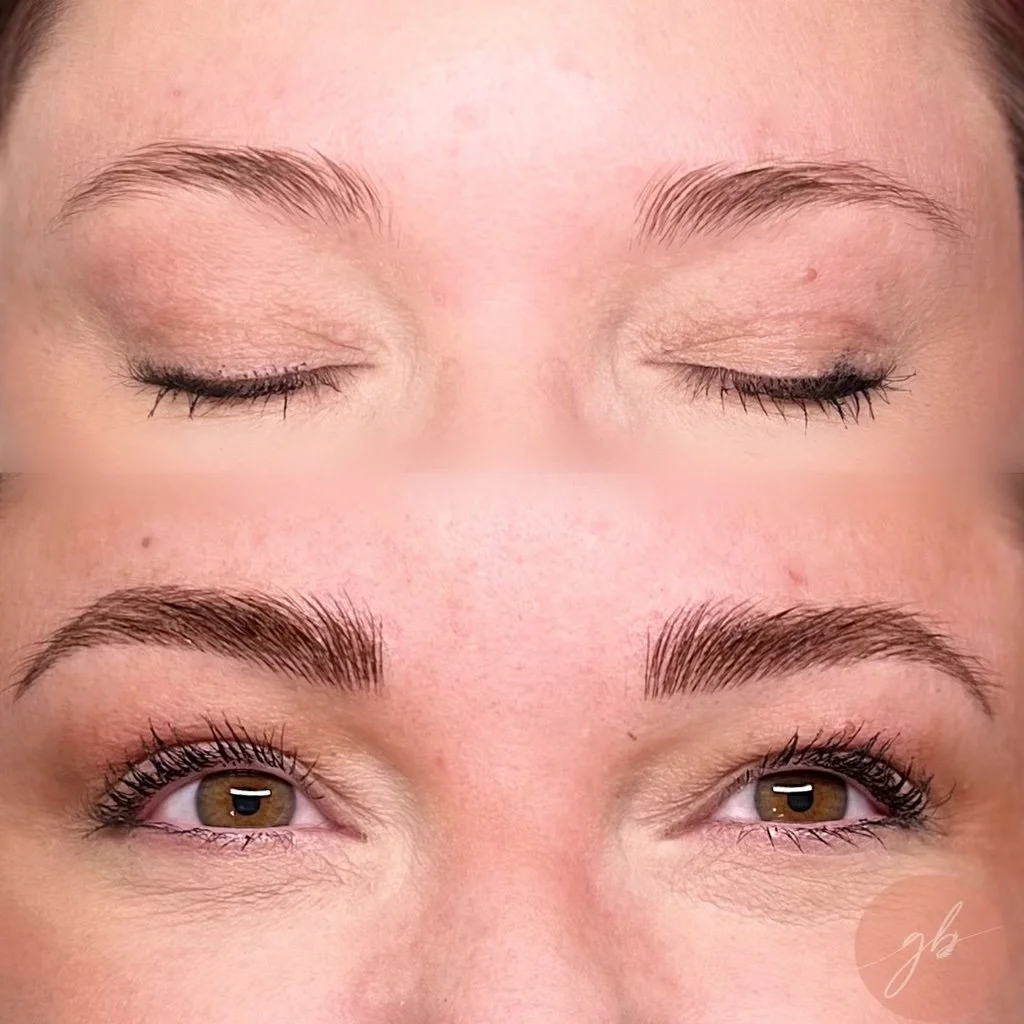 A before-and-after comparison of a person's eyebrows, showing a natural look in the top image and a more defined, groomed appearance in the bottom image.