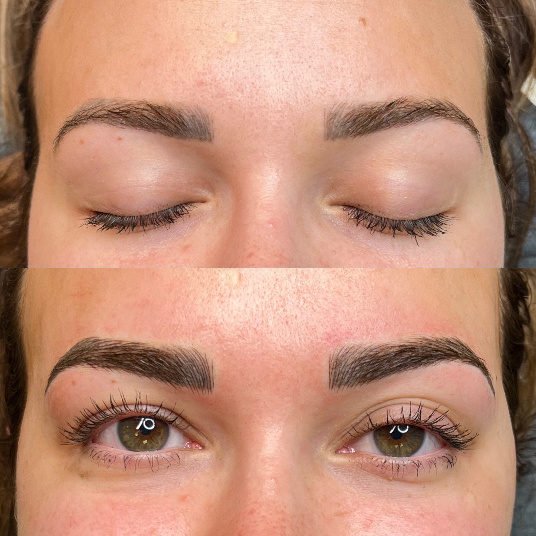Close-up of a person's face with closed eyes, showing well-shaped eyebrows and long eyelashes. The skin appears smooth and clear.