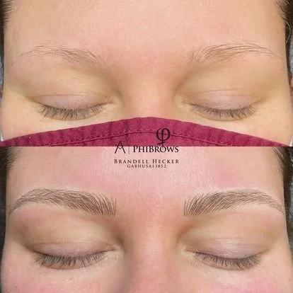 Close-up of a woman's eyes before and after eyebrow microblading, showing fuller, well-defined eyebrows in the bottom image.