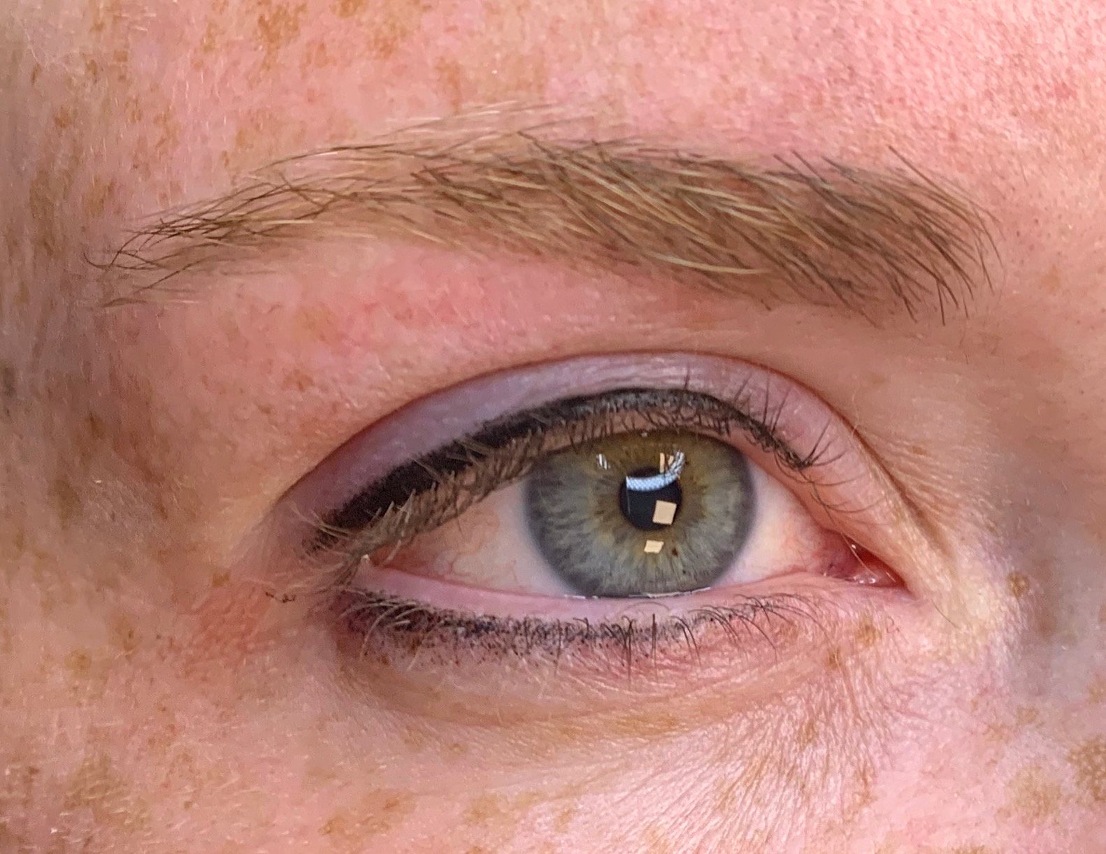 Close-up of a human eye with a gray iris, black eyeliner, and well-groomed eyebrows.