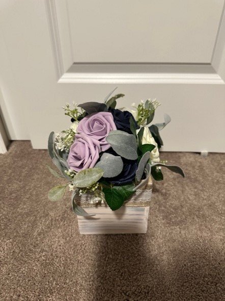 Lavender, White, Navy Blue Faux Floral Centerpiece with Whitewashed Box