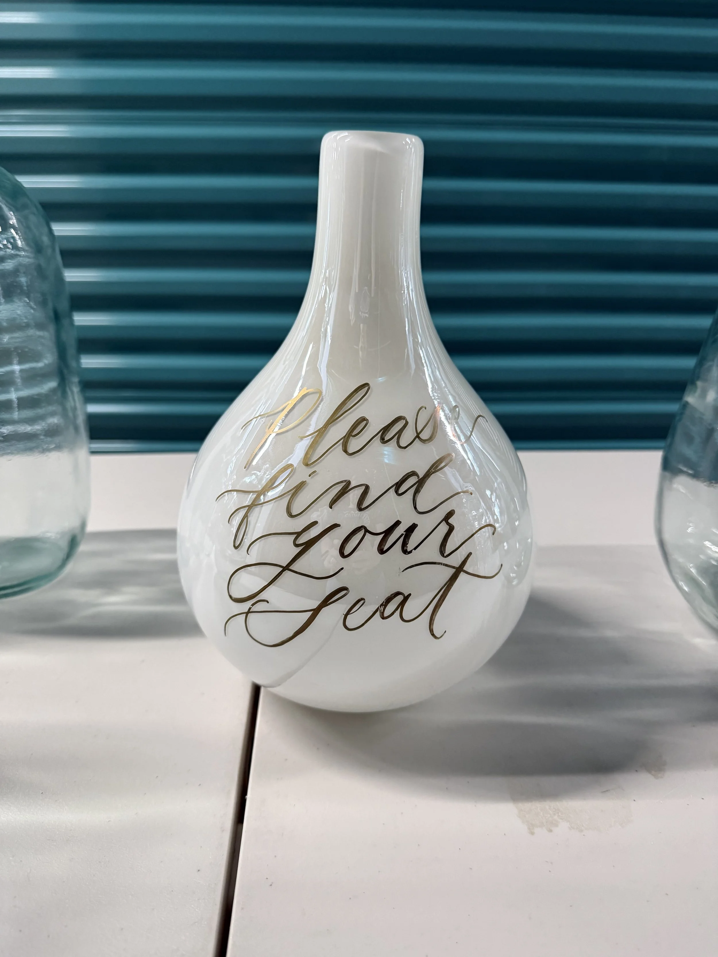 Small White "Please be seated" vase
