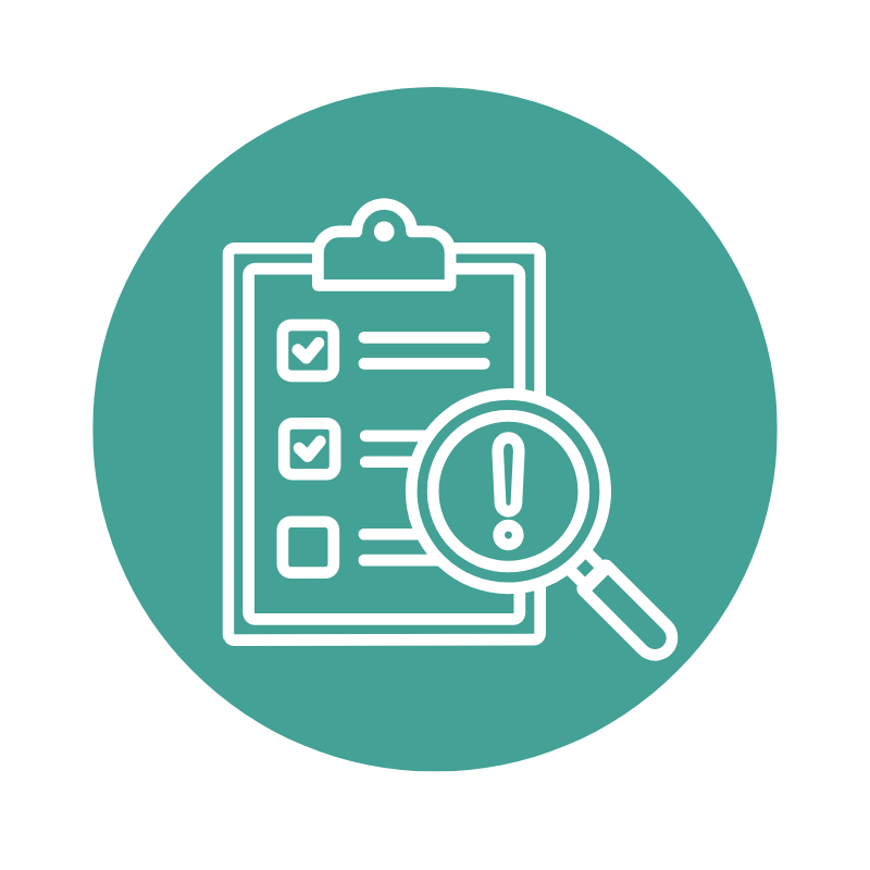 Icon of a clipboard with checkmarks and an exclamation point magnifying glass, symbolizing inspection or warning.