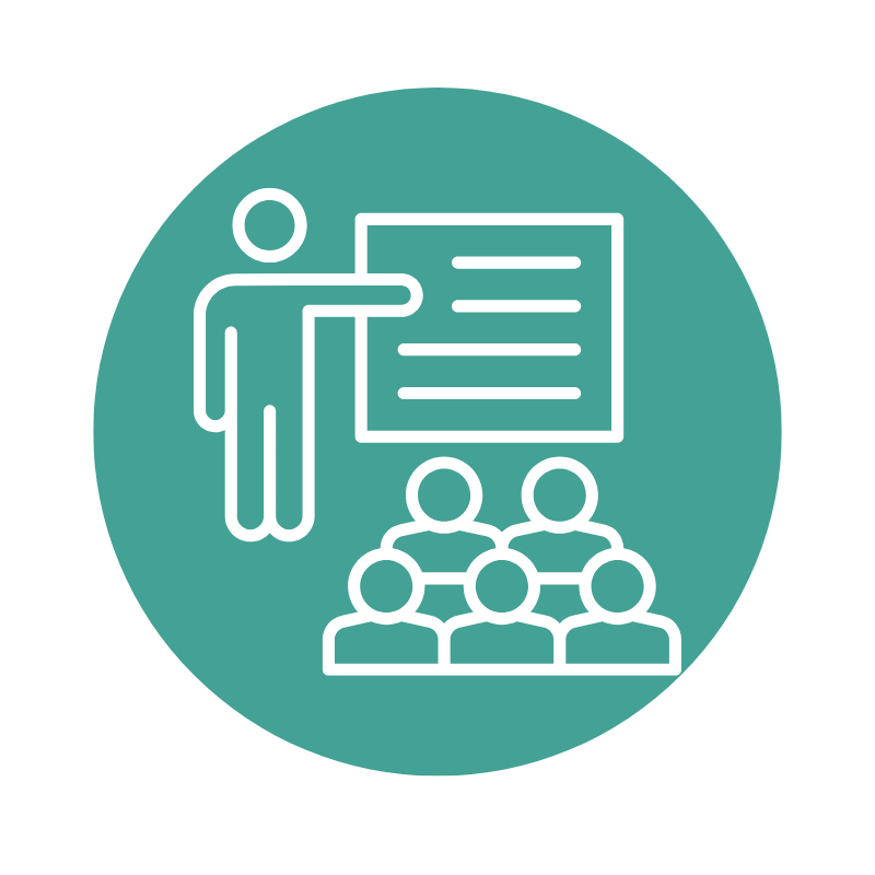 Icon of a person giving a presentation to a group of five seated people.