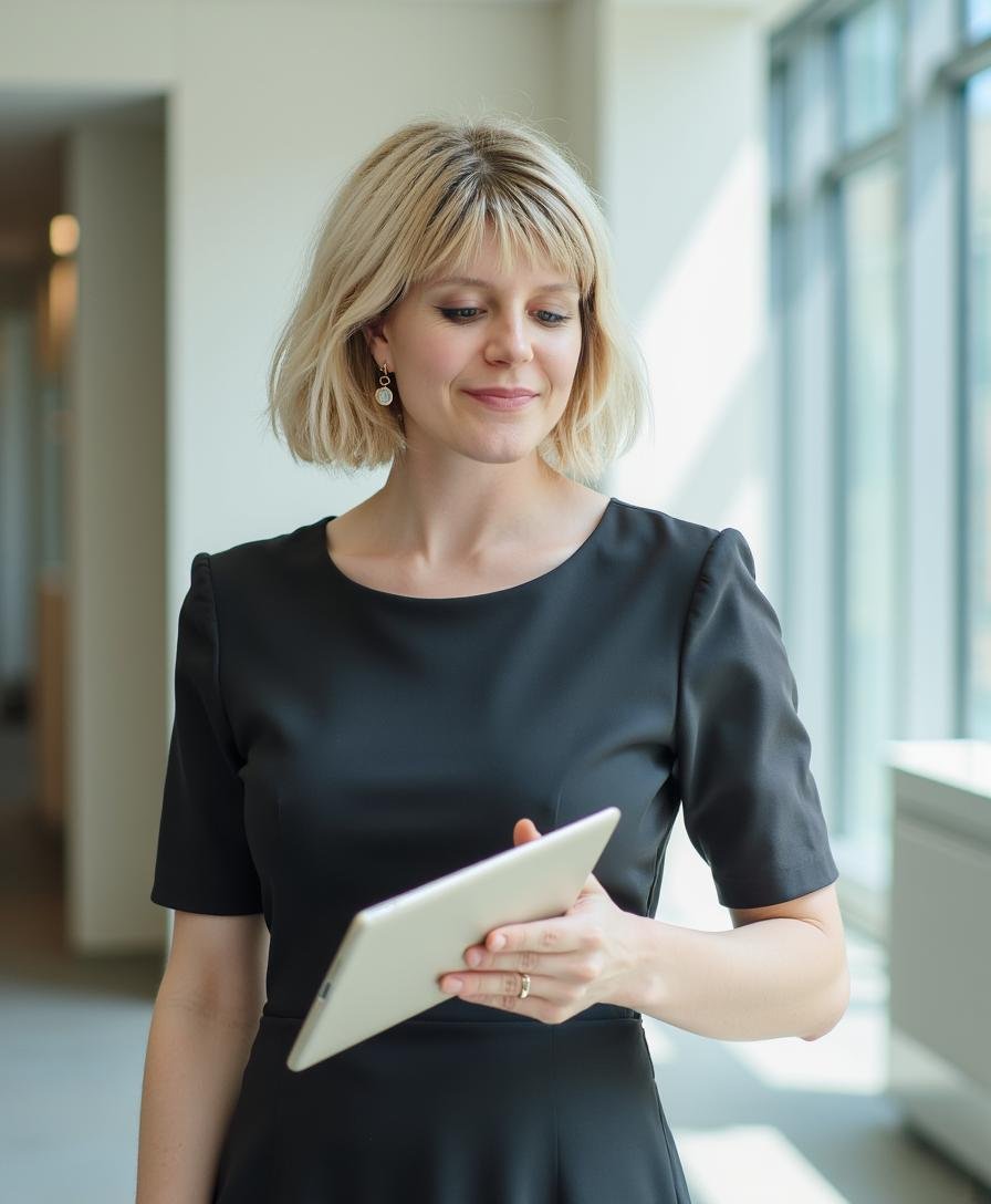 A woman with shoulder-length blonde hair in a black dress, with a tablet in her hand