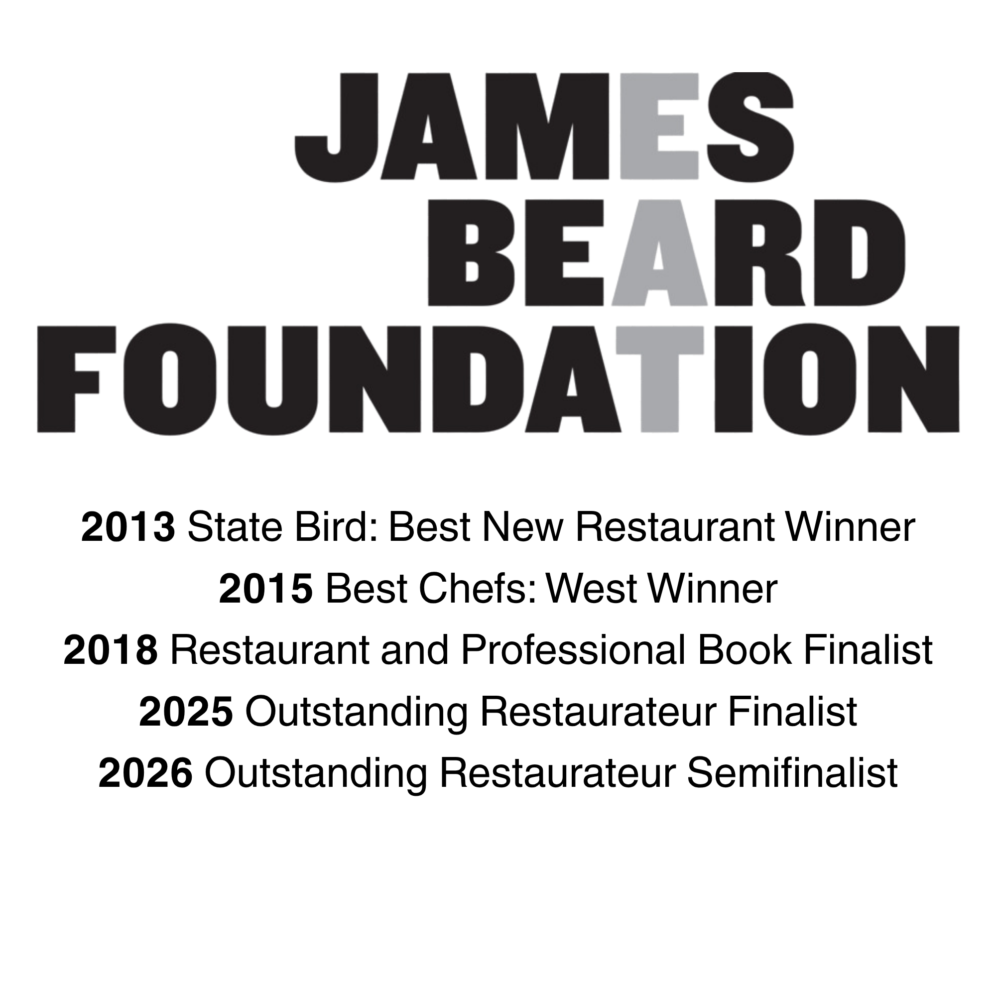 James Beard Foundation logo with State Bird's awards and nominations