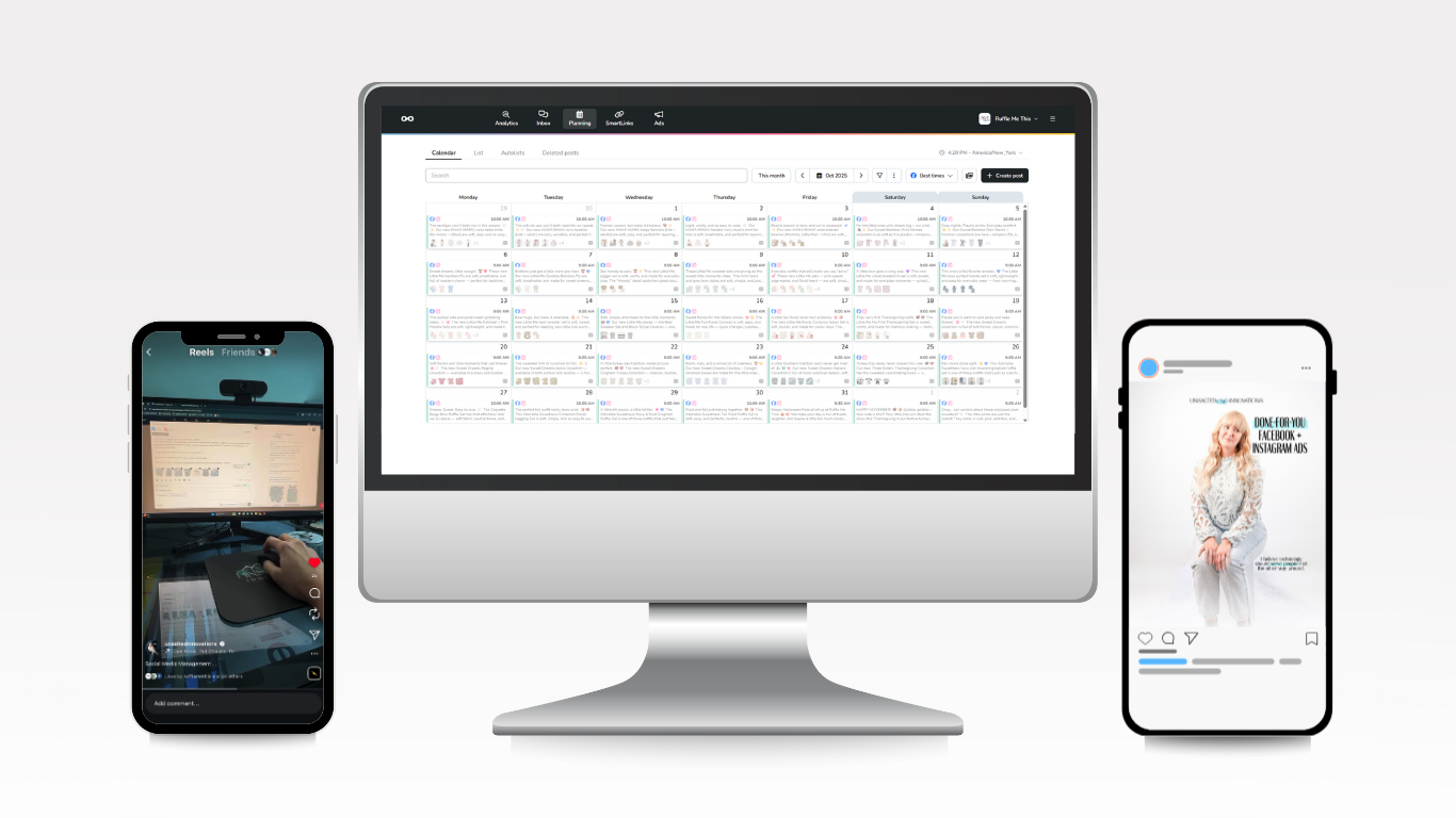Digital marketing and social media management tools displayed on a desktop monitor and two smartphones, one showing a video of a computer screen and the other displaying a social media advertisement with Unsalted Innovations, LLC