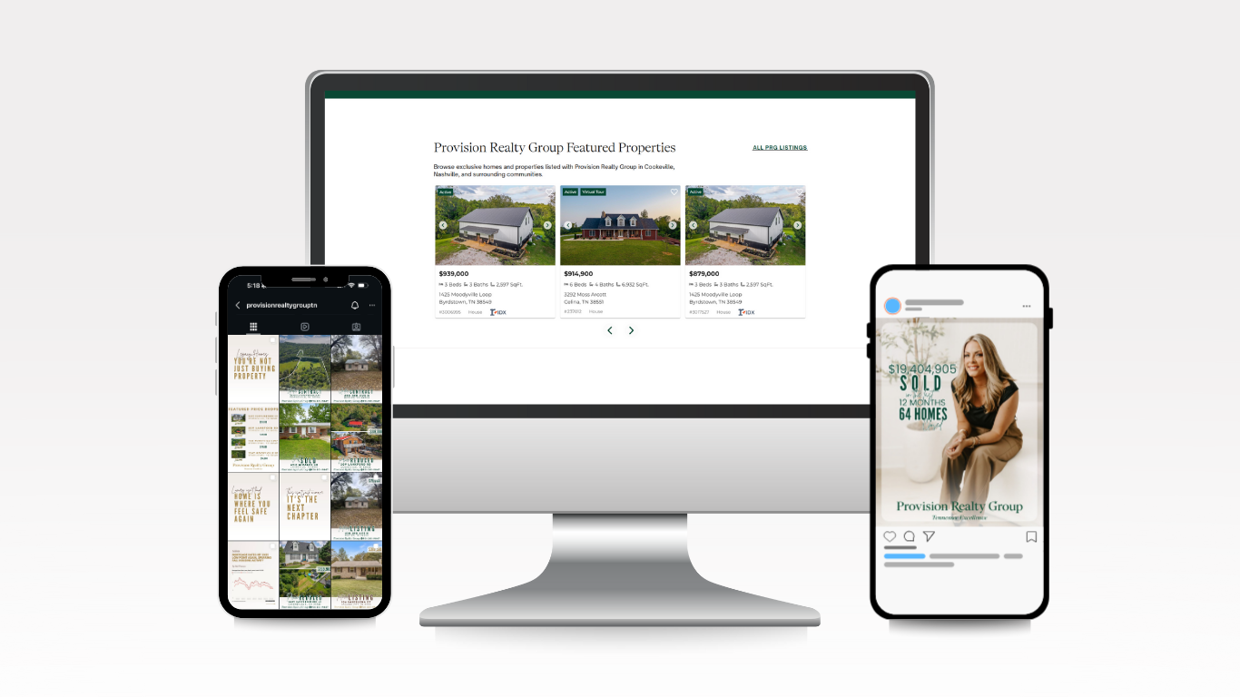 Multiple electronic devices displaying real estate and property social media posts and listings, including a computer, a smartphone with real estate images, and another smartphone with a real estate ad.