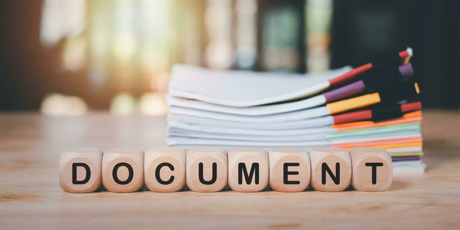 Stack of papers and colored sticky notes on a desk with wooden blocks spelling out 'DOCUMENT' in the foreground.