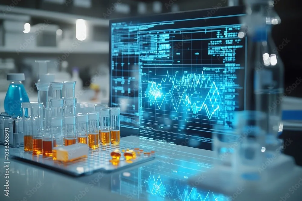 Laboratory with test tubes filled with orange liquid and a computer screen displaying complex financial or scientific data.