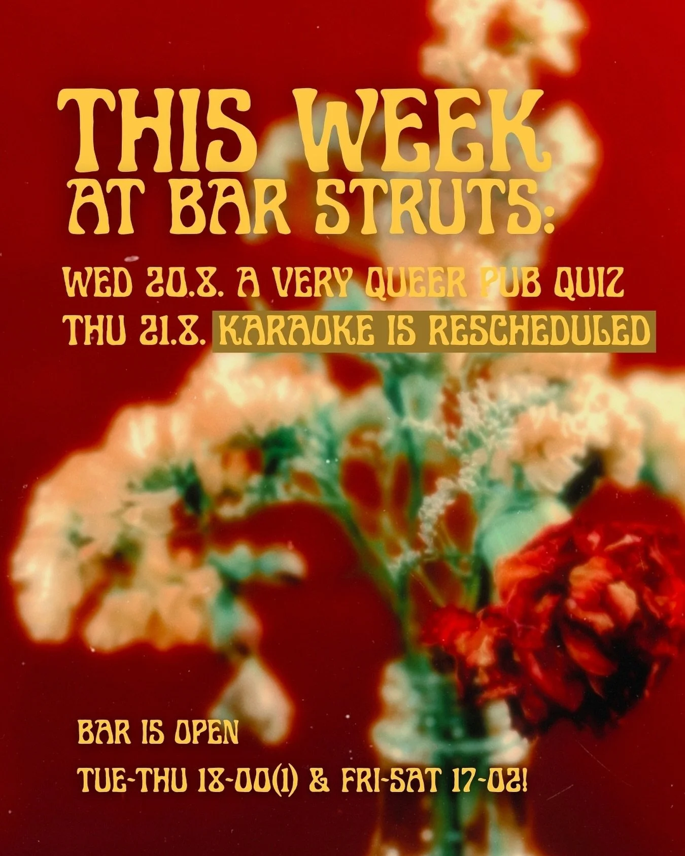✨THIS WEEK WE ARE HAVING✨
✨WED 20.8. A VERY QUEER PUB QUIZ✨
Got a head full of niche trivia? Don’t waste it on 3am rumination, come to Struts’ Very Queer Pub Quiz instead! Grab a friend or two for your team, enjoy a drink and flex those