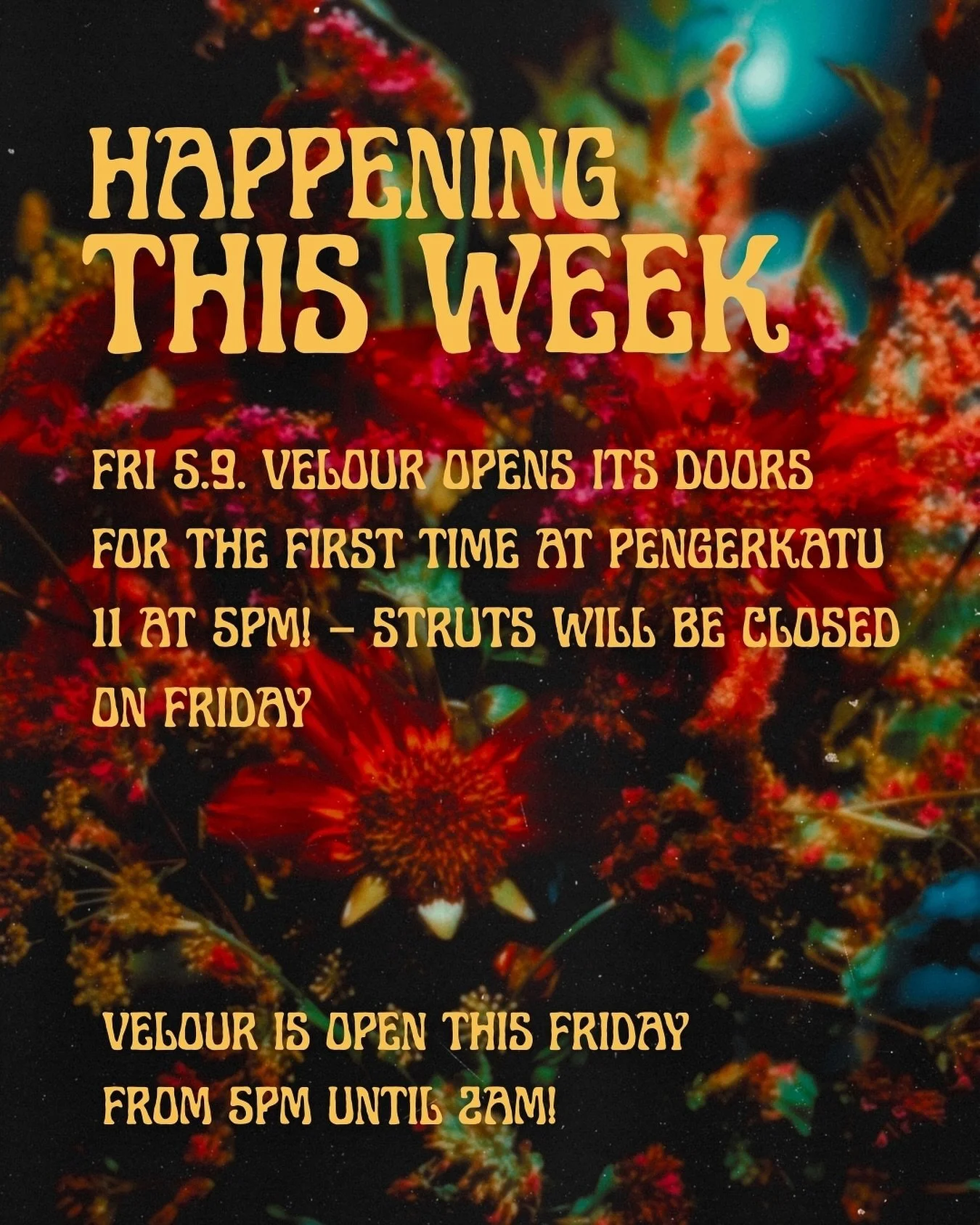 ✨THIS WEEK✨
VELOUR opens its doors for the first time at 5pm at Pengerkatu 11 on Friday, September 5. 
What is VELOUR? Velour is a pop-up bar, dreamed up by Struts' fairy crew and now materializing for three glittering months in an art deco movie t