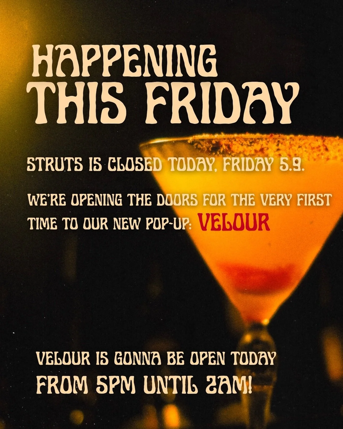 ✨TODAY WE OPEN THE DOORS OF VELOUR FOR THE VERY FIRST TIME✨
Struts’ fairy crew’s pop-up bar VELOUR is here for 3 glittering months in an art deco movie theatre! Bigger, sparkly, queer, and decadent – with more wines, beers, and a s