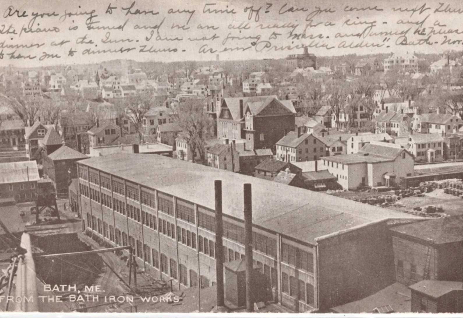 Postcard showing the city of Bath, looking west from the Bath Iron Works, c. 1906. BHS2020.25