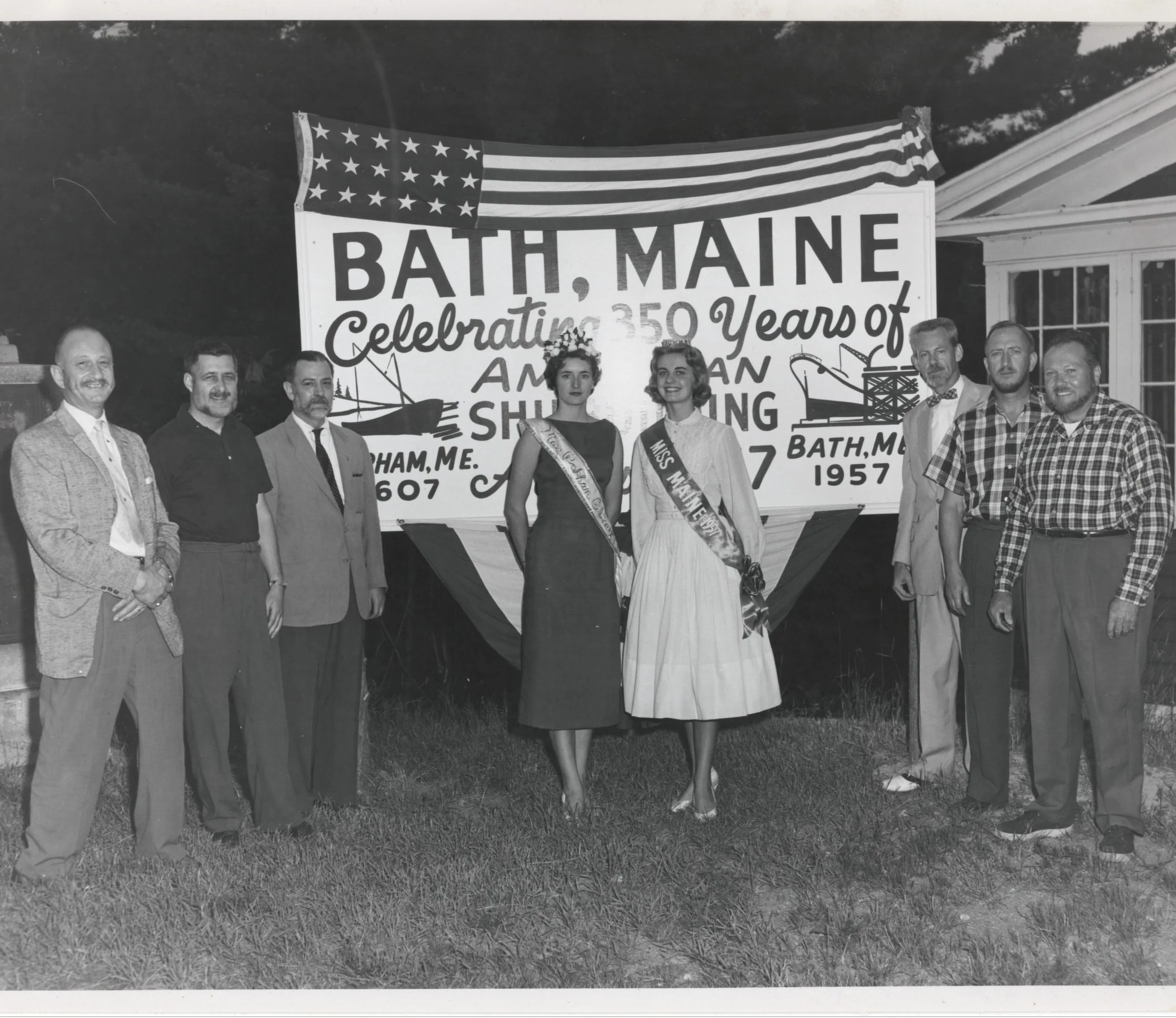 Bath businessmen with Miss Maine 1957, Carol Ann Bartels, who was from Bath. BHS99.3.2