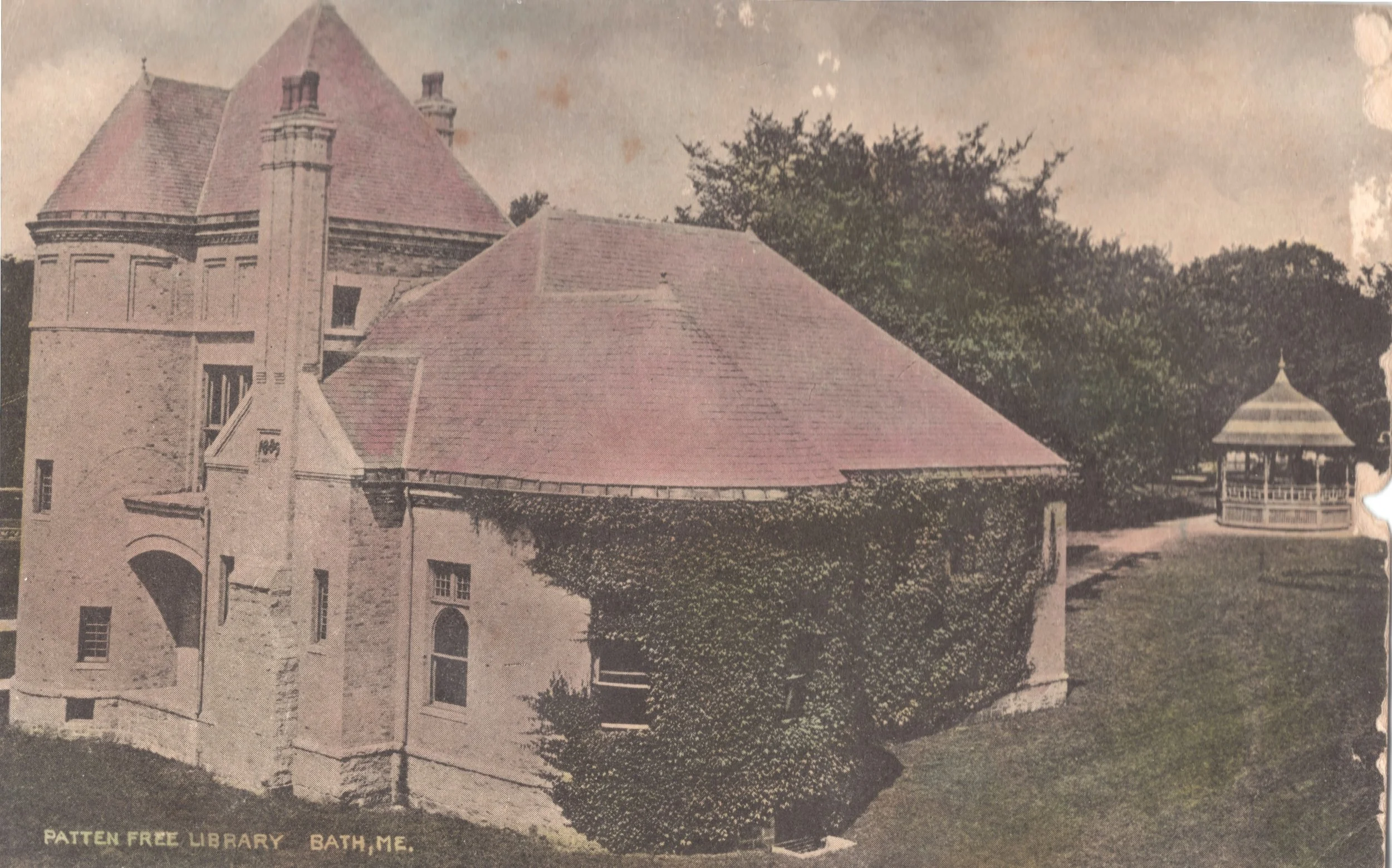 Patten Free Library postcard, with original Victorian-era gazebo, at right. BHS2015.6b