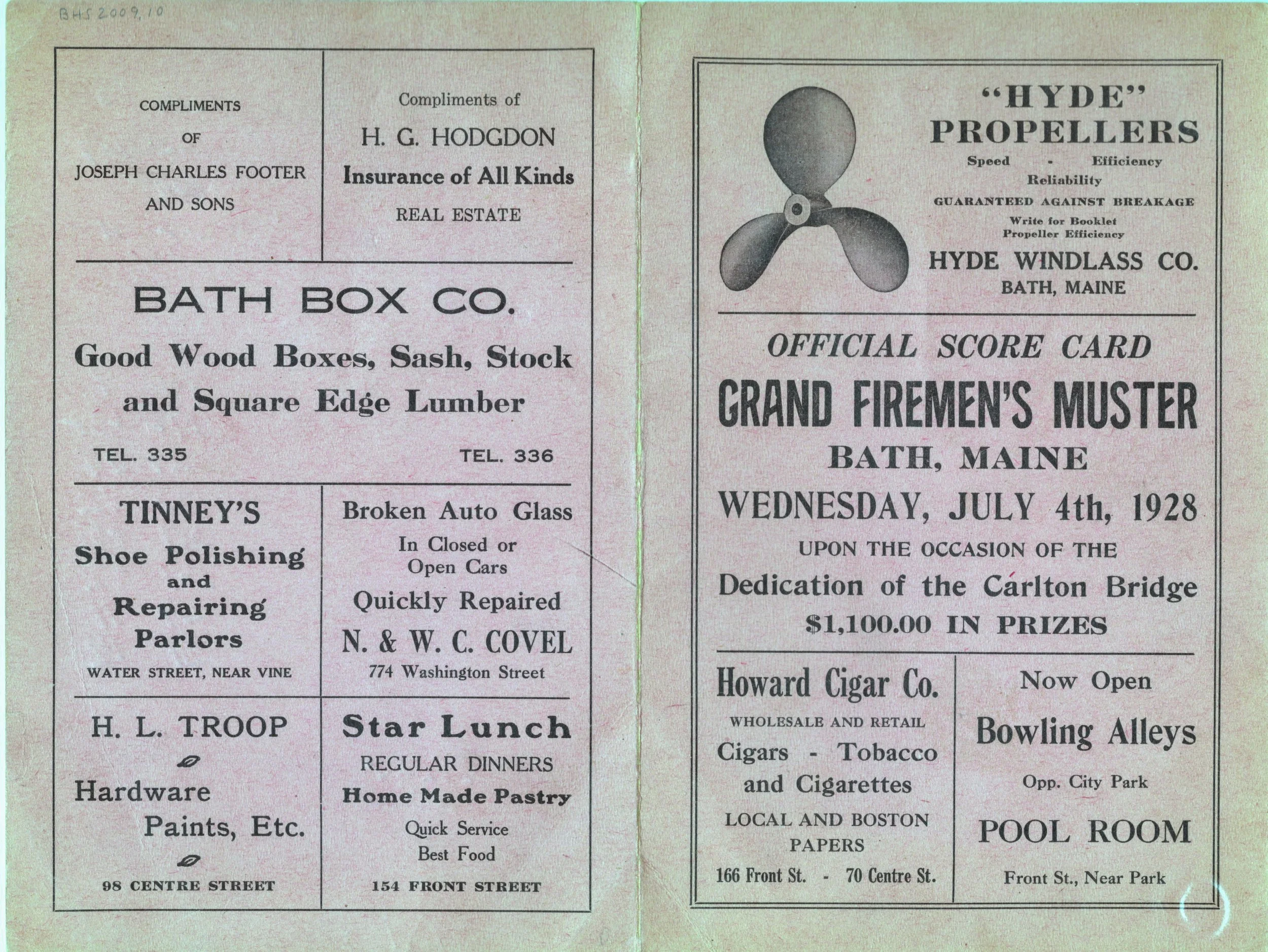 Official Score Card, Grand Firemen's Muster, Bath, Maine, Wednesday, July  4, 1928. BHS2009.10