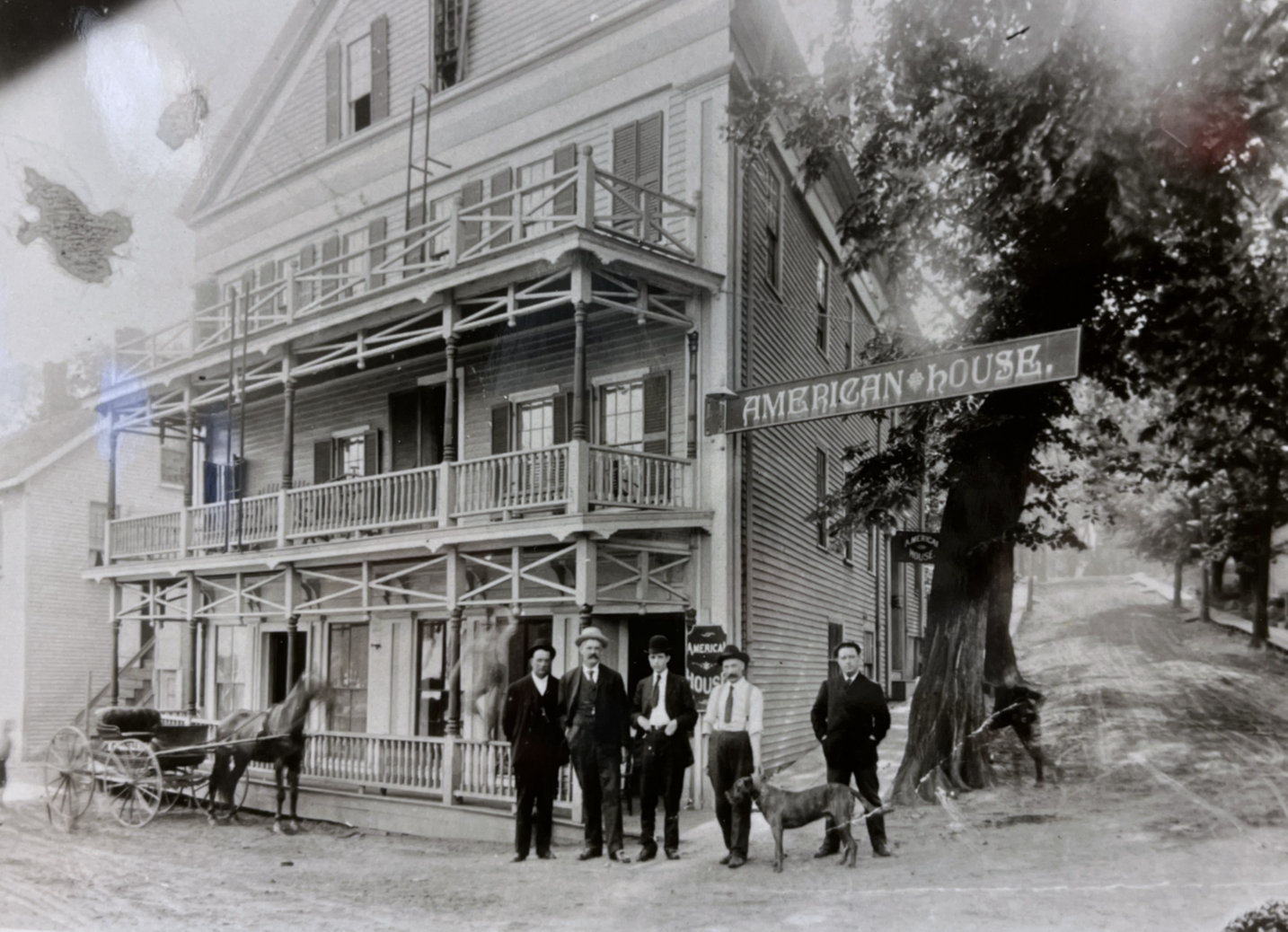 Men (and dog and horse) posing in front of the American House hotel, on the SW corner of Water and Elm Streets. BHS2003.4.5