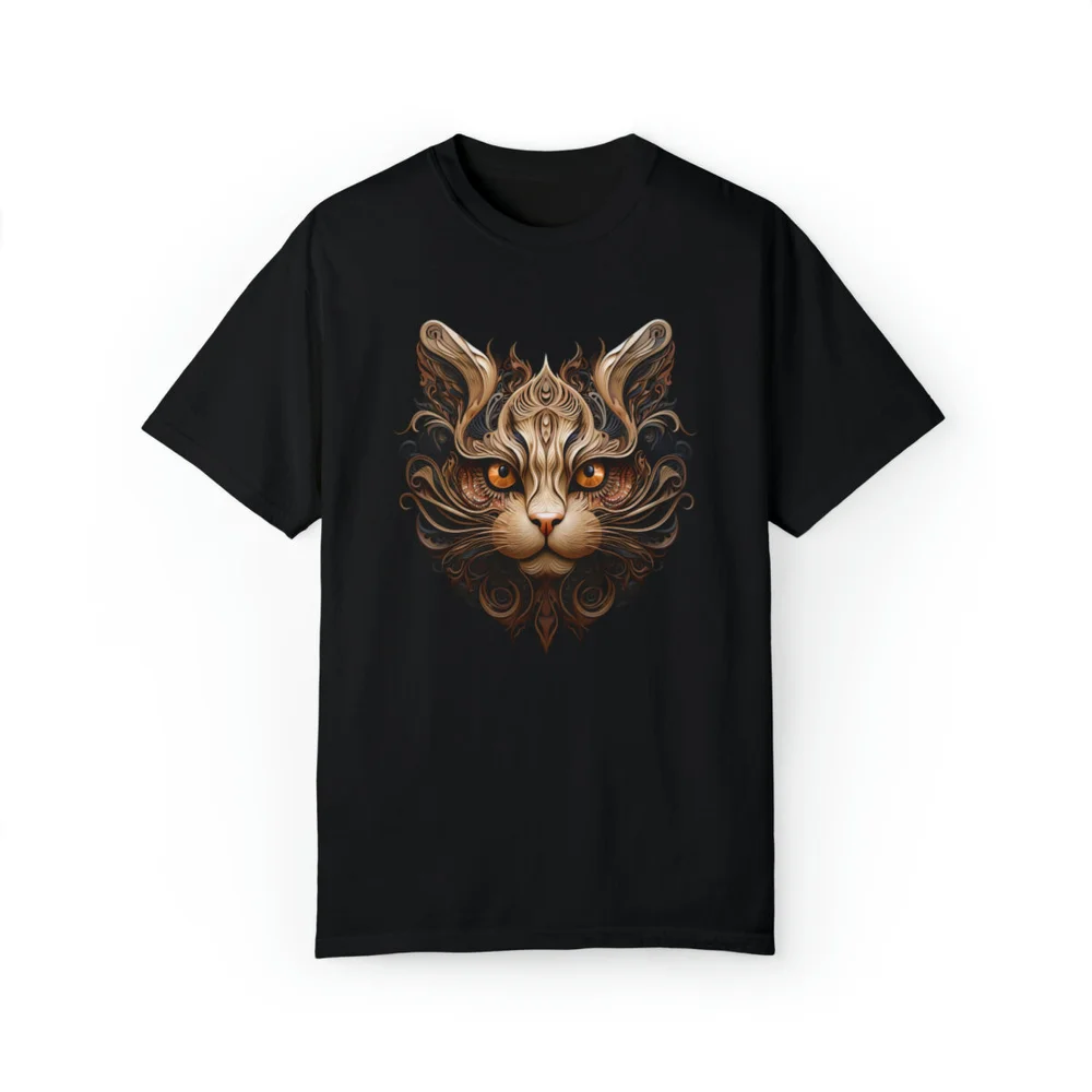 Cat Face on a Black Unisex Garment-Dyed T-shirt — Leaping Cat