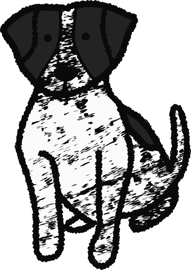 Black and white illustration of a sitting dog with a textured appearance.