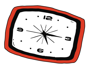 A black clock face with red border, showing the time as approximately five-fifteen.