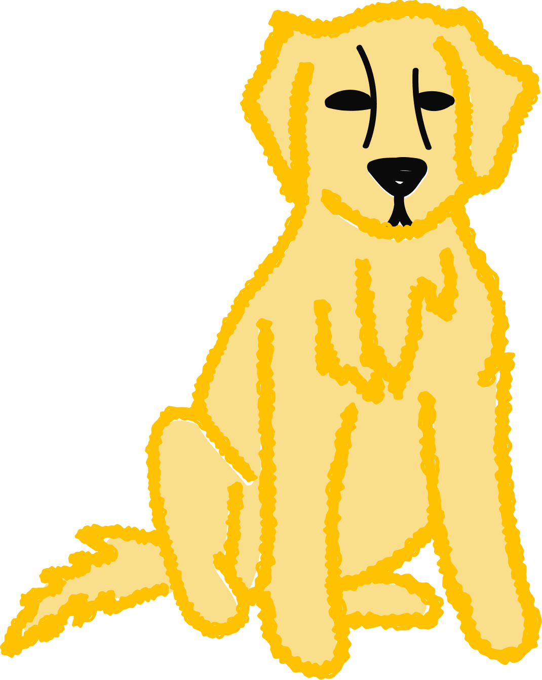 A cartoon illustration of a yellow dog with closed eyes and a black nose, sitting with its head slightly tilted to the right.