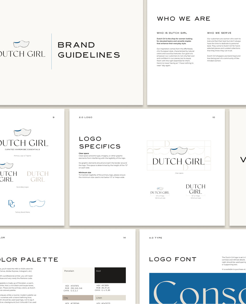 Brand guidelines document for Dutch Girl with logo, logo specifics, and brand identity details.