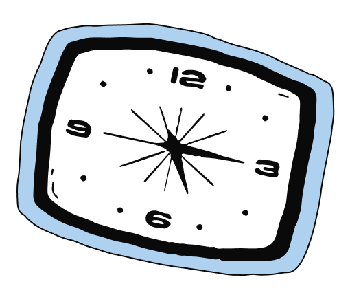 A clock with a black face, light blue frame, and white numbers showing approximately 5:15.