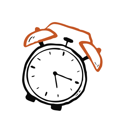 An alarm clock with the bells and hammer highlighted in orange, showing 5:15.