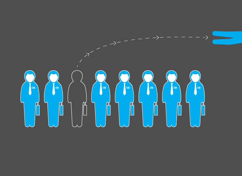 A line of business people, one in the middle is plucked out and flying over the others indicating how RCS gives their interns a career-building edge to leap frog over their peers.