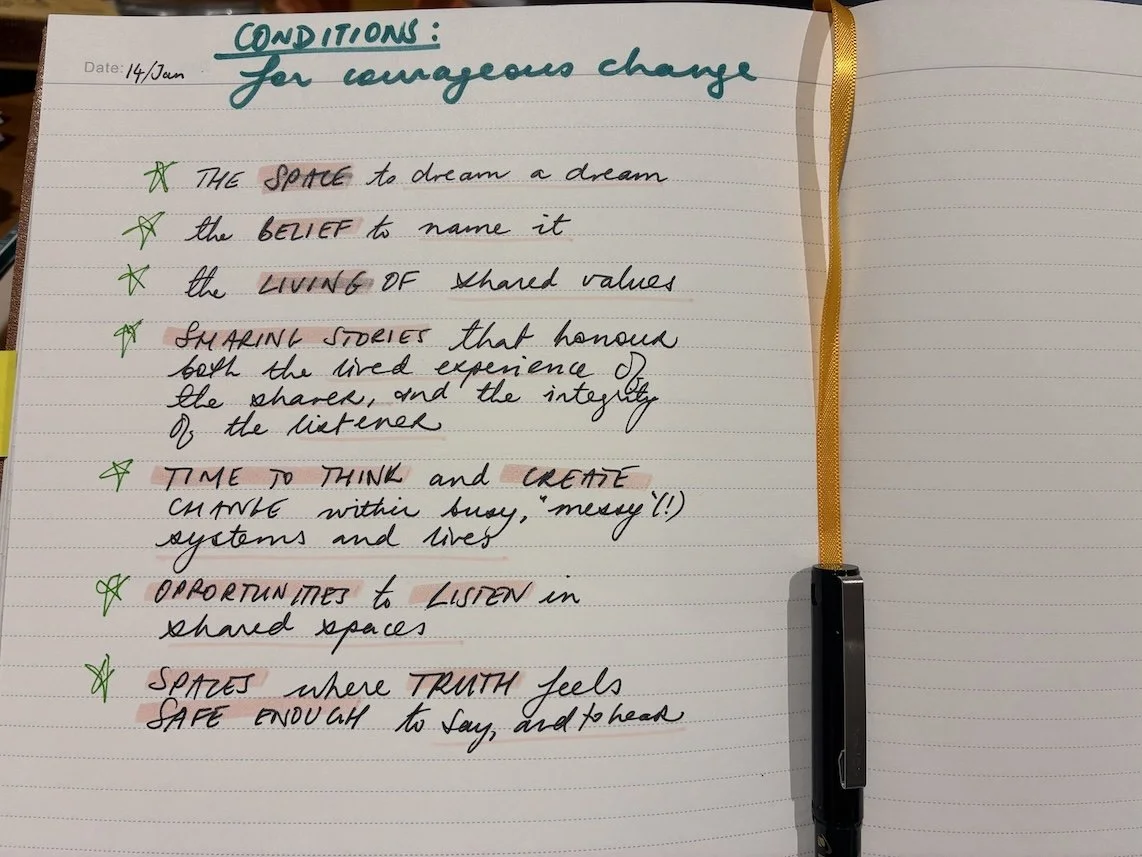 A notebook page with handwritten reflections on space, courage, listening and trust, capturing emerging thoughts about the conditions for courageous change.