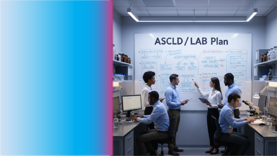 Experts collaborating on a custom ASCLD/LAB accreditation and quality assurance plan in a high-tech laboratory environment.
