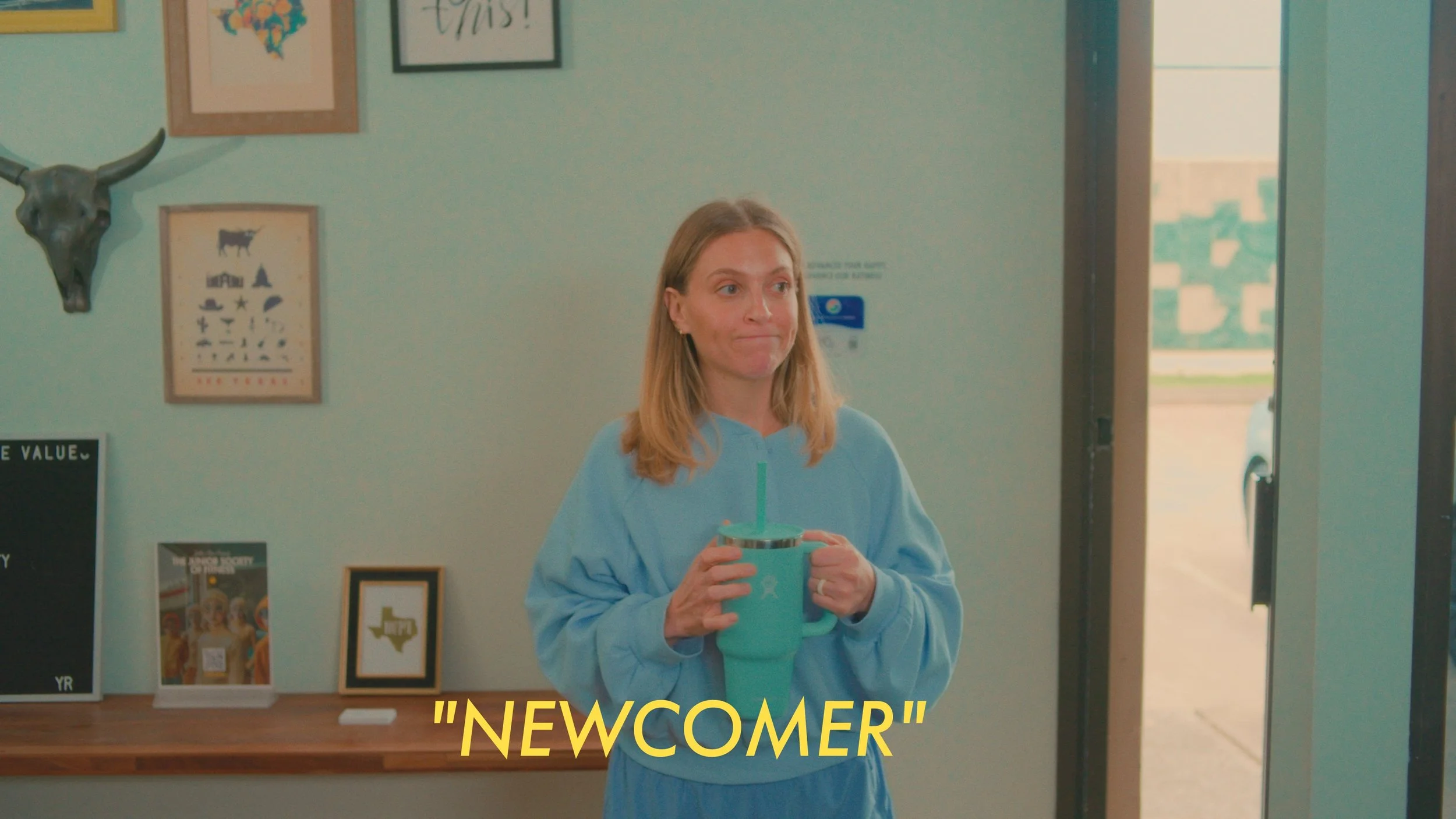 Wes Anderson inspired still frame from a newcomer video for Yellow Rose Fitness.