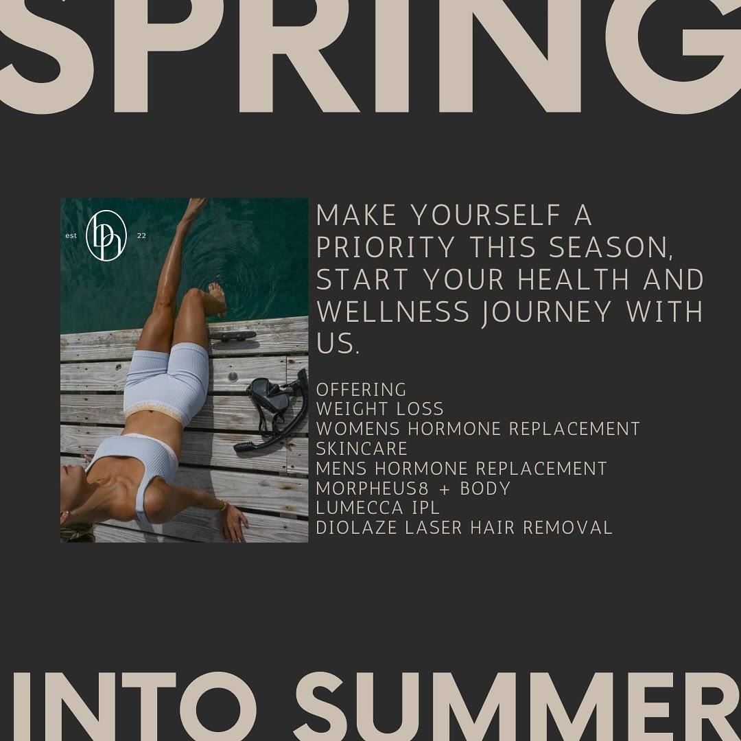 Spring into summer! 🌞

make yourself a priority this season, start your health and wellness journey with us. 🤎

book a consultation to discuss ⬇️
weight loss
womens hormone replacement
skincare
mens hormone replacement
morpheus8 + body
lumecca IPL
