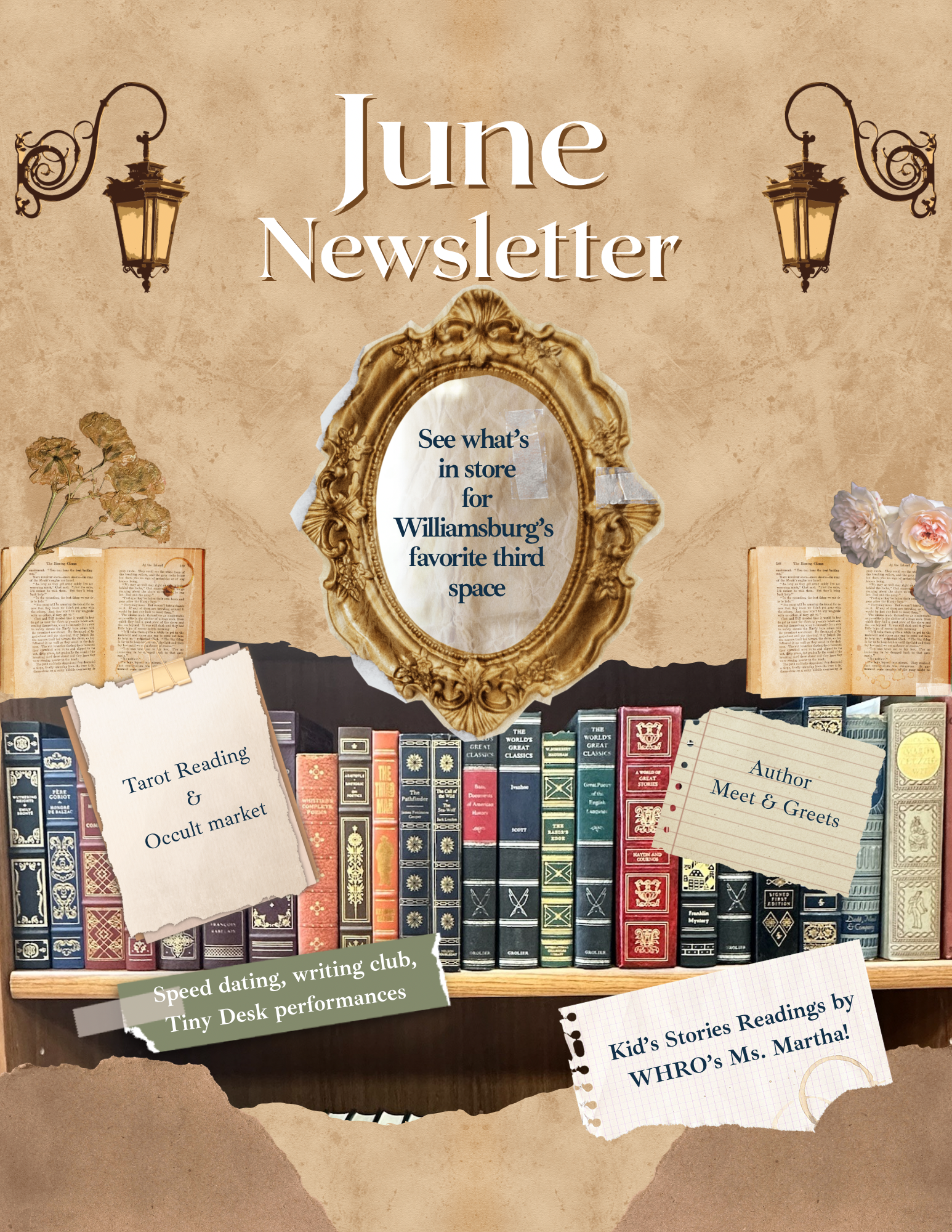 Cover page of the June Newsletter with a vintage-style oval brass mirror and attractive gold-plated antique book spines.