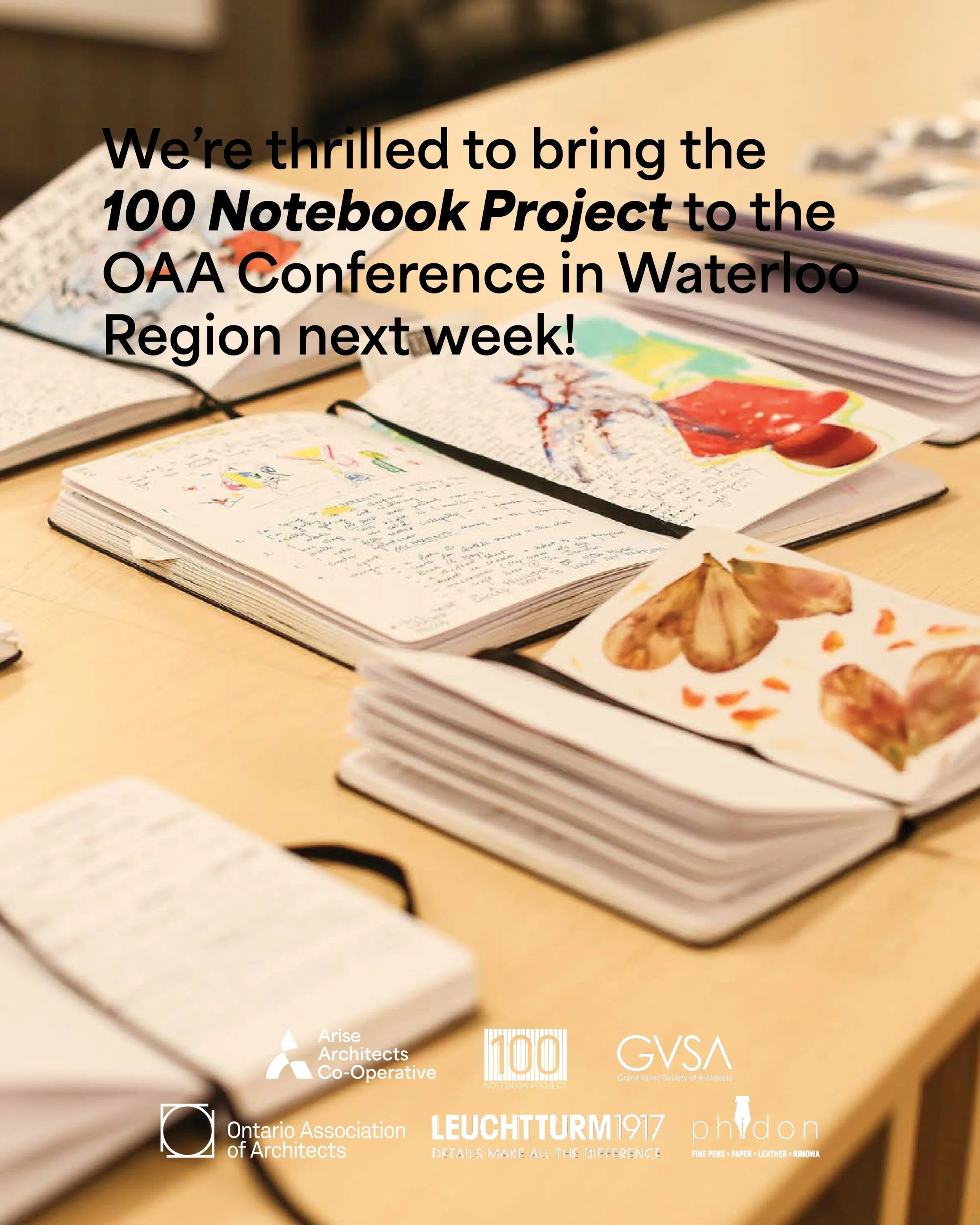 Very excited to partner with @phidonpens and @leuchtturm1917canada to bring the @100notebookproject to the @oaarchitects Conference in Waterloo Region!

Find us near the @gvsarchitects and @bridgearch booths at the lounge to join the project.

#ontar