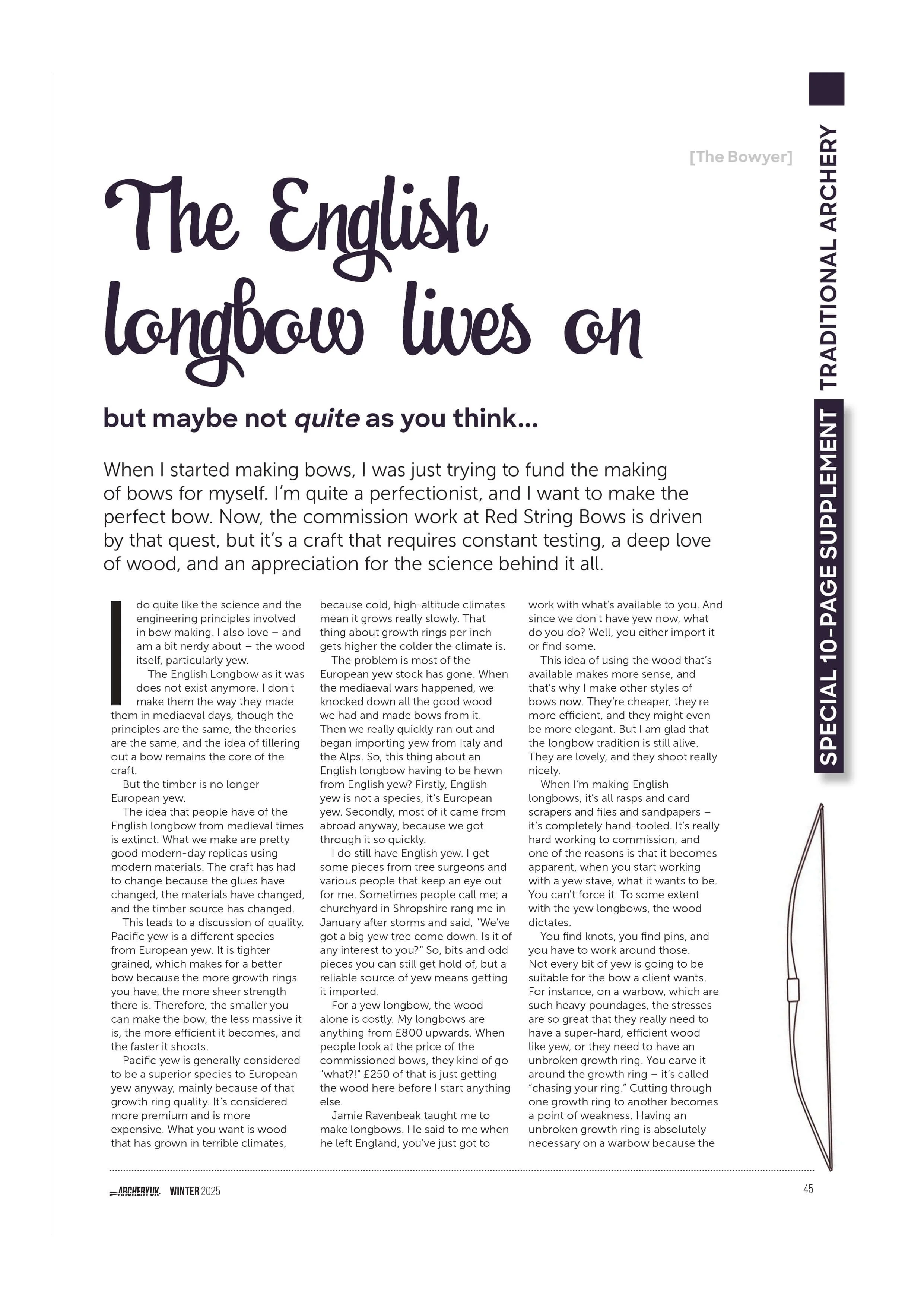 A page from a magazine titled 'Archery UK WINTER 2025'. The main headline reads 'The English Longbow lives on but maybe not quite as you think...' with smaller text underneath and a sidebar on the right side titled 'SPECIAL PAGE SUPPLEMENT TRADITIONA