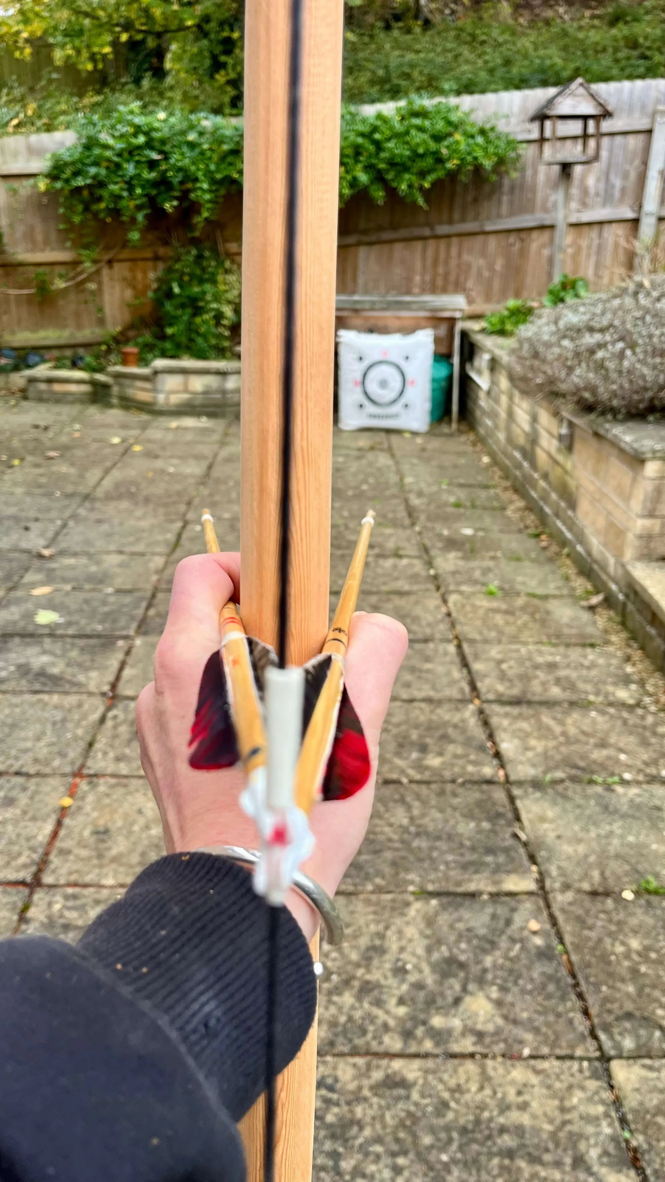 A bow nocked with two arrows on either side of a bow to show the correct string alignment.