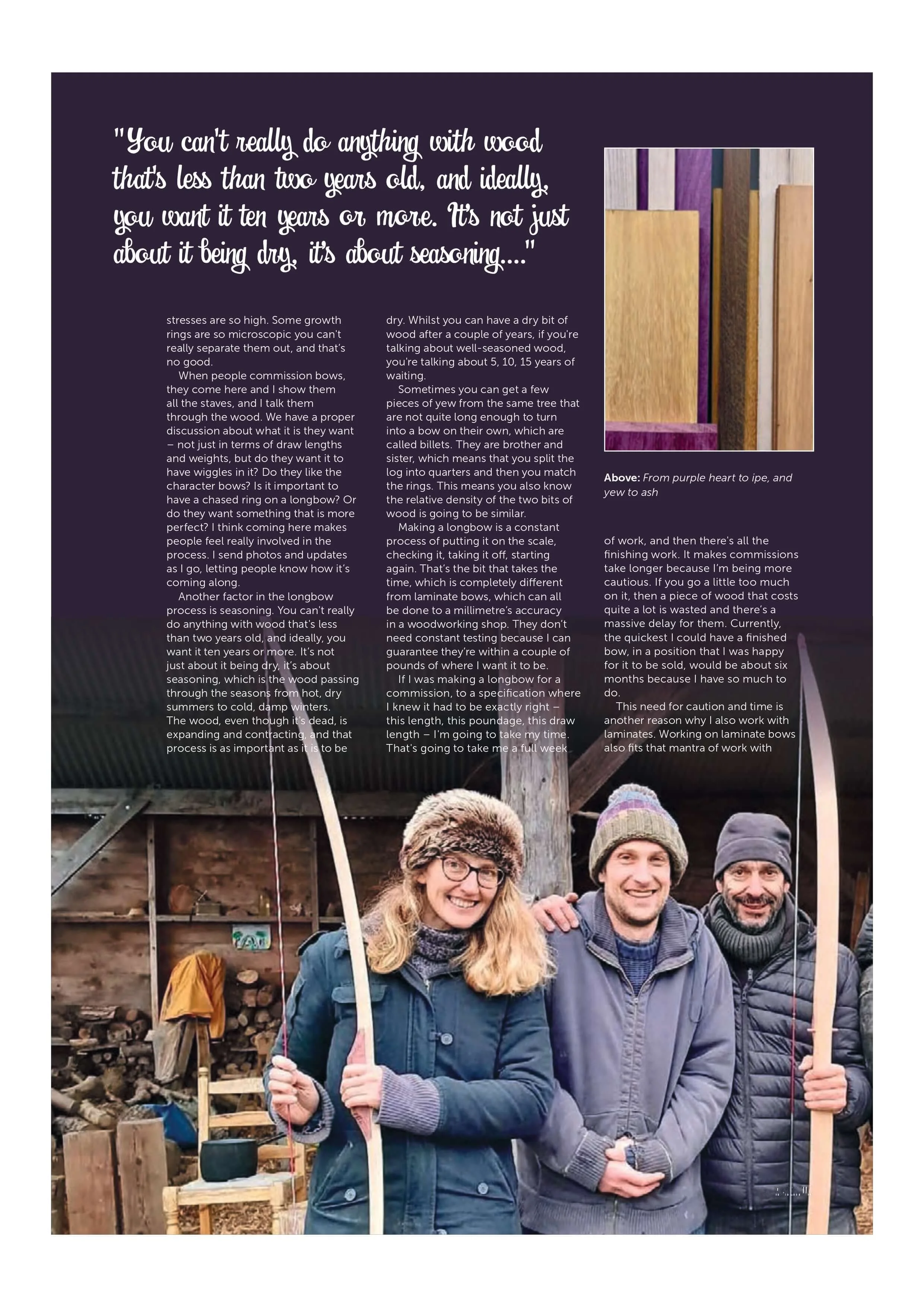 Three people smiling and standing outdoors in front of a workshop holding bows they have made on a Red String Bows workshop weekend.