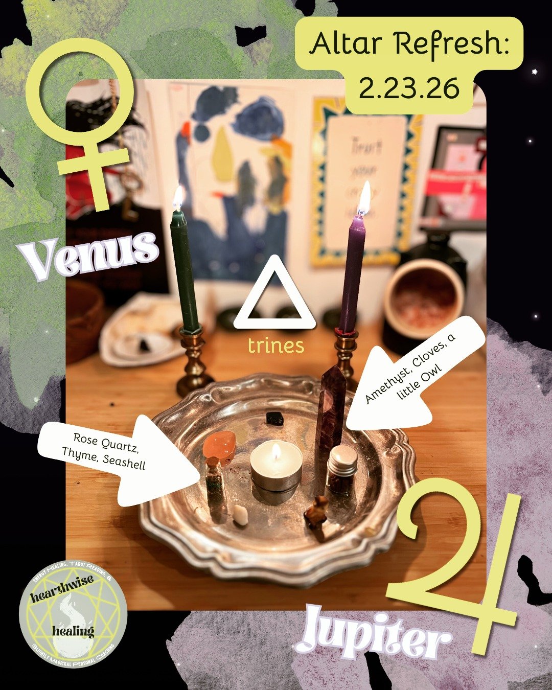Weekly altar refresh! This week opens with the planet of love and beauty, Venus, making a +trine+ to Jupiter, planet of wisdom and abundance. Let's make the most of this naturally supportive flow before the #MercuryRetrograde later this week! 

Want 