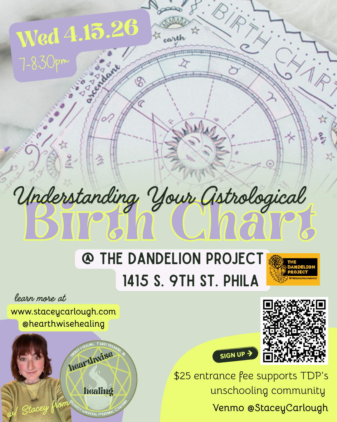 Event flyer for a workshop titled 'Understanding Your Astrological Birth Chart' held on Wednesday, April 15, 2026, from 7 to 8:30 pm at The Dandelion Project, 1415 S. 9th St., Philadelphia. The flyer features a zodiac wheel, a photo of Stacey Carlyough, and details about signing up and supporting the event.