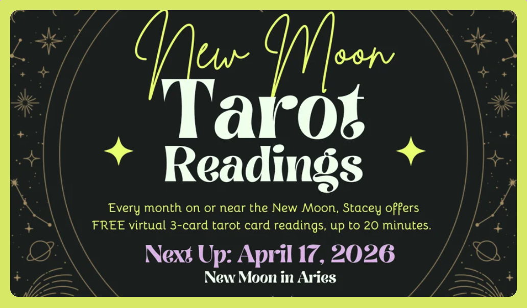 Announcement for free virtual Tarot card readings on or near the New Moon, occurring on April 17, 2026, in Aries.